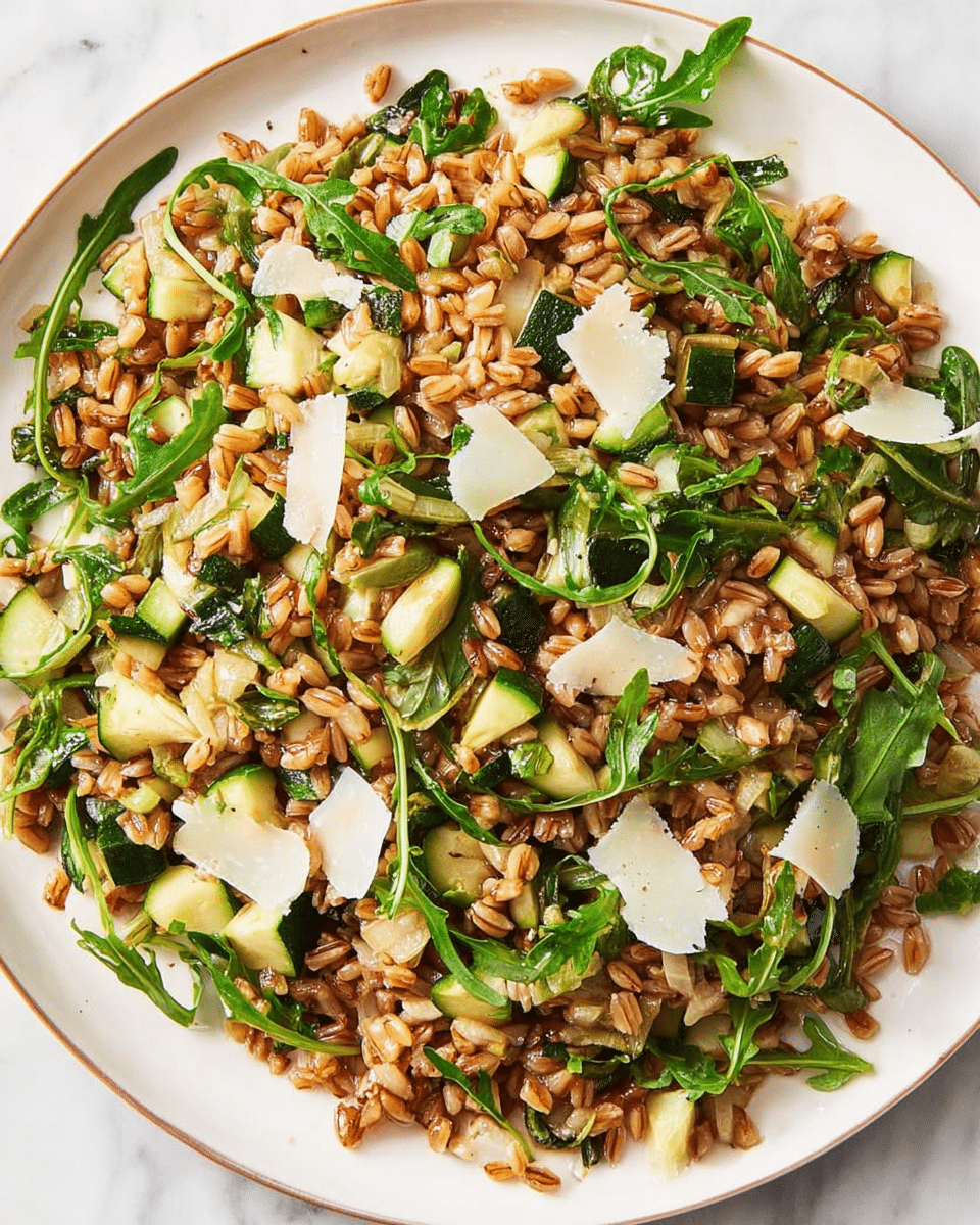 A close-up view of a white plate filled with a mixture of cooked farro grains, small green zucchini pieces, and dark green arugula leaves, all mixed evenly. Scattered among the grains are thinly sliced light brown toasted onions and small white parmesan cheese shavings with a slightly rough texture. The colors of light brown farro, bright green vegetables, and pale cheese create a fresh, textured look. The plate is placed on a white marbled surface. photo taken with an iphone --ar 4:5 --v 7