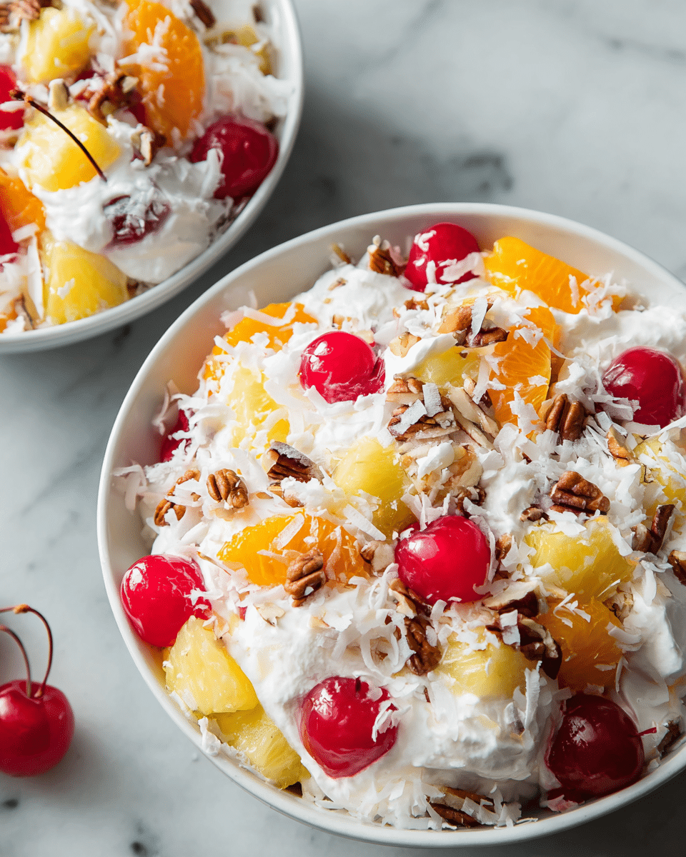 A close-up view of a fruit salad in two white bowls on a white marbled surface, showing a mixture of layers including bright red cherries with stems, orange mandarin slices, yellow pineapple chunks, white whipped cream dollops, shredded white coconut sprinkled over the top, and small pieces of brown pecans scattered throughout the salad, creating a colorful and textured appearance, with the larger bowl filling most of the right side of the image and a smaller bowl partially visible on the left, photo taken with an iphone --ar 4:5 --v 7