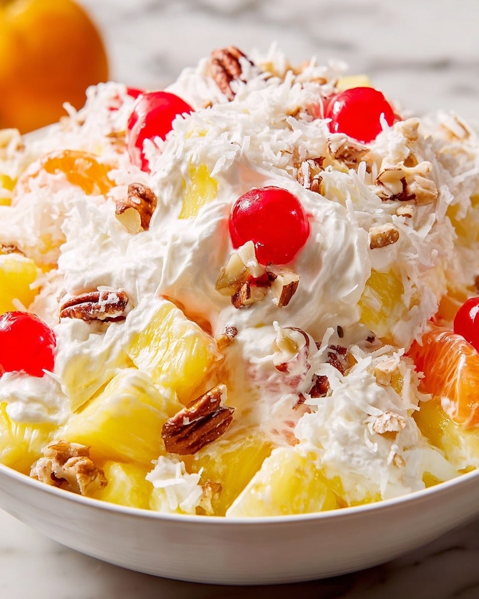 The image shows a close-up of a fruit salad served in a white bowl on a white marbled texture. The salad has multiple layers: the bottom layer is soft yellow pineapple pieces, orange segments, and chunks of white fruit mixed together. On top, there is a thick layer of creamy white whipped topping with a fluffy texture. Scattered throughout are bright red cherries, small brown pecan halves, and shredded white coconut, adding color and texture contrast. The mix looks fresh and juicy with a balance of smooth cream and crunchy nuts. Photo taken with an iphone --ar 4:5 --v 7