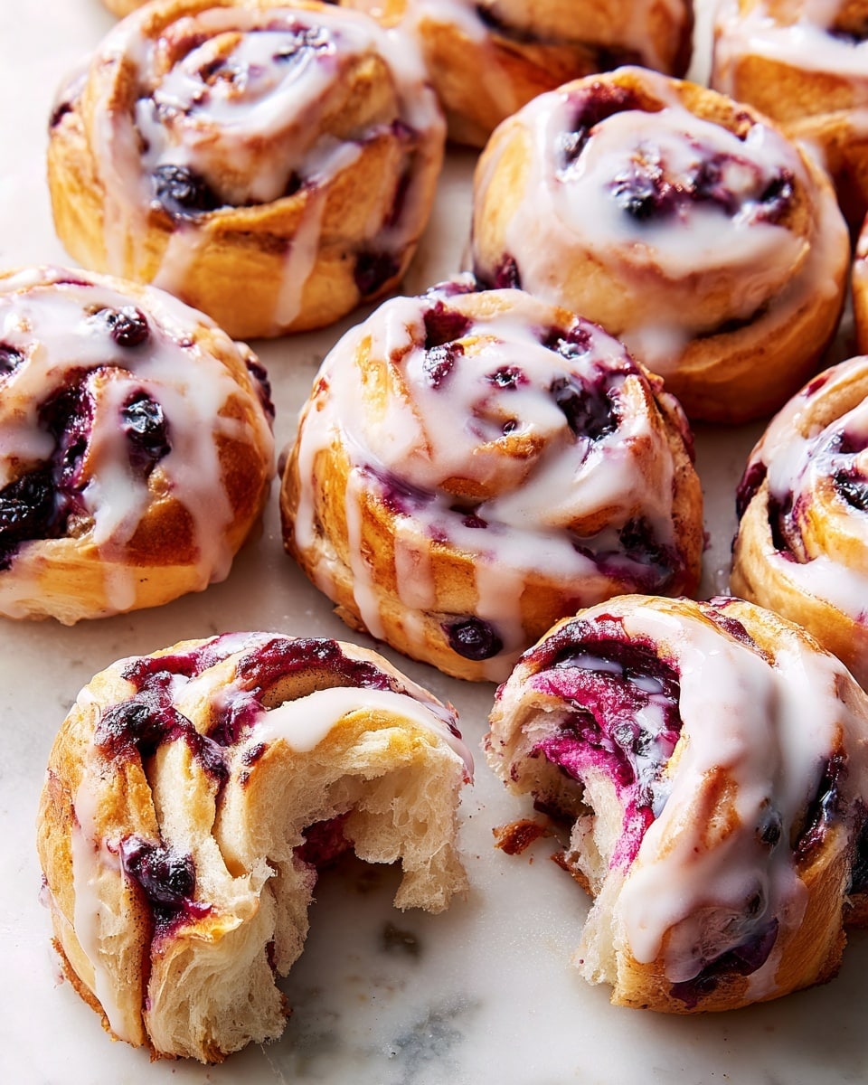 A batch of round, golden-brown buns with swirling layers visible on the top and sides, each studded and streaked with dark purple blueberry filling, creating a marbled effect inside and out; a shiny white glaze is drizzled unevenly over the tops, some pools gathering on the white marbled surface beneath. One bun is torn open, showing soft, fluffy inner layers with bold purple fruit ribbons. The texture looks soft with a slightly crisp top. Photo taken with an iphone --ar 4:5 --v 7