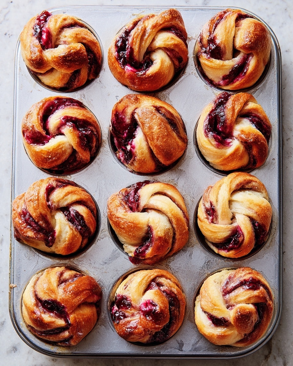 The image shows nine golden-brown buns baked in a metal muffin tray with a shiny finish, each bun having multiple twisted dough layers with dark red berry jam swirled throughout. The dough layers are soft and fluffy, with some parts showing a light cream color and others a toasted brown. The jam creates deep red and purple spots and streaks on the surface, giving a marbled look. The buns fill each cup of the tray fully, and the metal tray is set on a white marbled textured surface. photo taken with an iphone --ar 4:5 --v 7