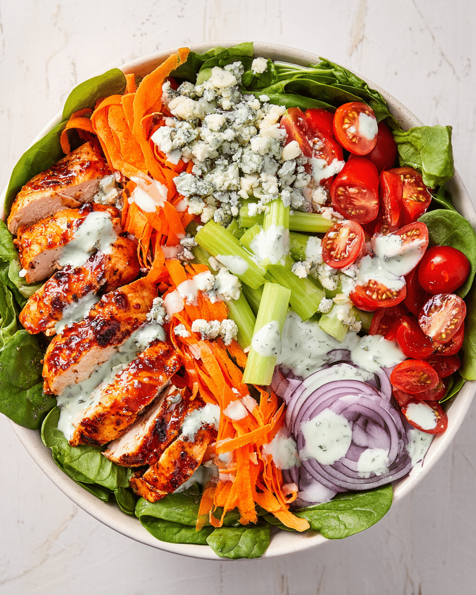 A bowl with a base layer of fresh green spinach and lettuce leaves topped by bright orange julienned carrots, sliced green celery sticks, and thin rings of purple onion; above these are slices of grilled chicken breast with a reddish-brown BBQ glaze, arranged in two sections on either side of the bowl, with halved red cherry tomatoes scattered among them. Crumbled white-blue cheese is sprinkled across the top, and a creamy white dressing with green herb specks is drizzled over everything. The bowl sits on a white marbled surface. photo taken with an iphone --ar 4:5 --v 7