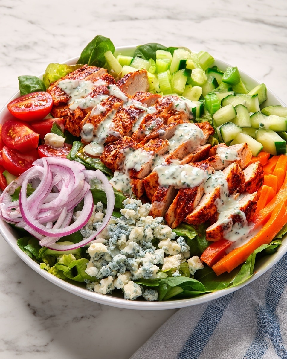In a white bowl on a white marbled texture, there is a colorful salad with several layers. The bottom layer is fresh green lettuce leaves, topped with chopped celery and sliced cucumber on one side. On another side, there are thin sliced red onions. Next, there are small bunches of crumbled blue cheese spread around the bowl. Cherry tomatoes and bright orange carrot sticks add more color near the edges. The top layer features grilled chicken breast slices with a reddish seasoning, arranged in two groups across the salad. The whole salad is drizzled with a creamy white dressing with green herb specks all over the chicken and vegetables. photo taken with an iphone --ar 4:5 --v 7