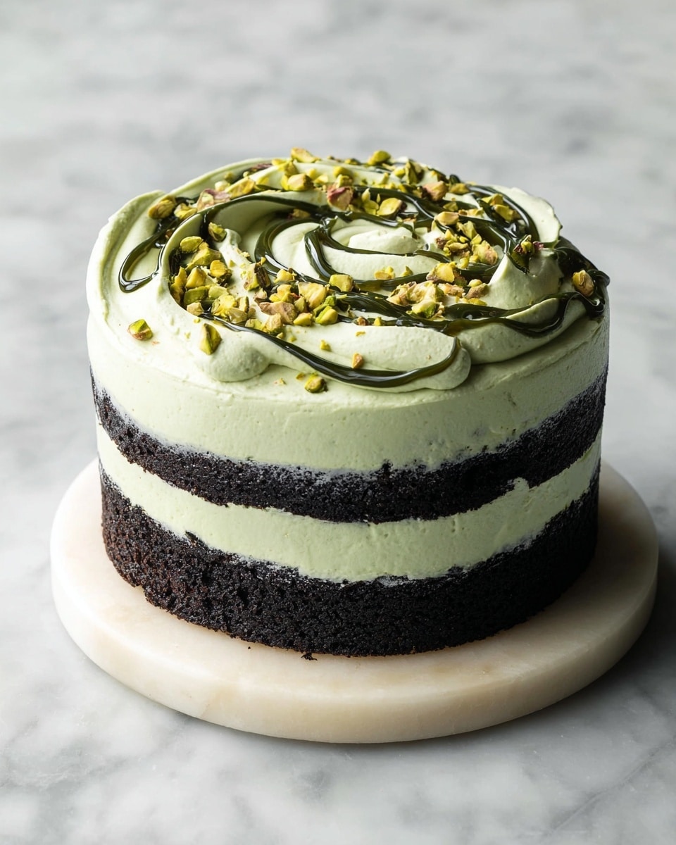 A two-layer round cake sits on a white marble board, placed on a white marbled surface. The bottom and middle layers are dark, almost black, with a soft crumb texture. Between these dark cake layers is a thick, light green creamy frosting. The top layer is also covered with this pale green frosting, spread smoothly but with soft peaks and swirls. Dark green syrup is drizzled artistically in swirling lines across the top. Small pieces of chopped pistachios are scattered over the frosting and syrup, adding a crunchy texture and a light yellowish-green color. photo taken with an iphone --ar 4:5 --v 7