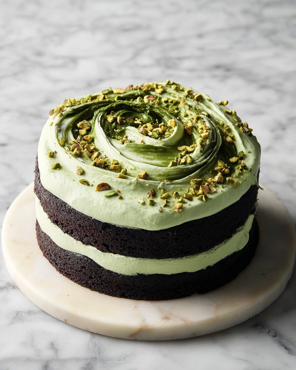 A two-layer round chocolate cake with thick, light green frosting between and on top of the dark chocolate layers. The top layer of frosting is swirled with a darker green sauce that forms a loose spiral shape. Chopped pistachio nuts are scattered over part of the top frosting near the edge. The cake is placed on a round white marble board with subtle gray veins, set against a white marbled texture background. photo taken with an iphone --ar 4:5 --v 7