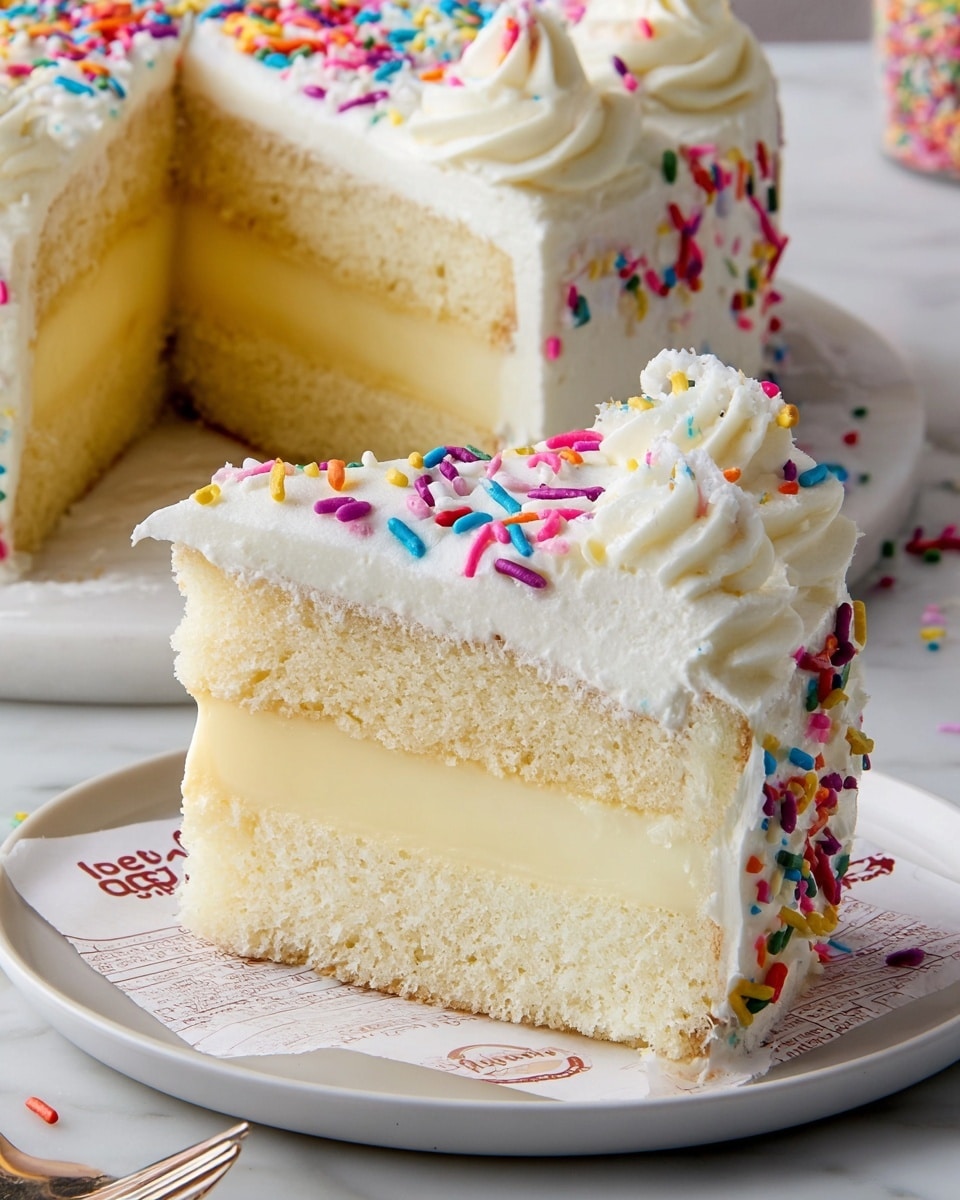 A slice of three-layer cake sits on a white plate placed on a white marbled textured surface. The bottom and middle layers are light, spongy cake with a soft yellow cream filling in between. The top layer is thick white icing, smooth and creamy. The cake's edges are decorated with white icing piped in swirls, sprinkled with colorful, thin, rod-shaped sprinkles in red, pink, blue, green, purple, orange, and yellow. Some sprinkles have fallen onto the plate and surface. In the background, a larger, frosted cake with the same icing and sprinkles is partially visible. Photo taken with an iphone --ar 4:5 --v 7