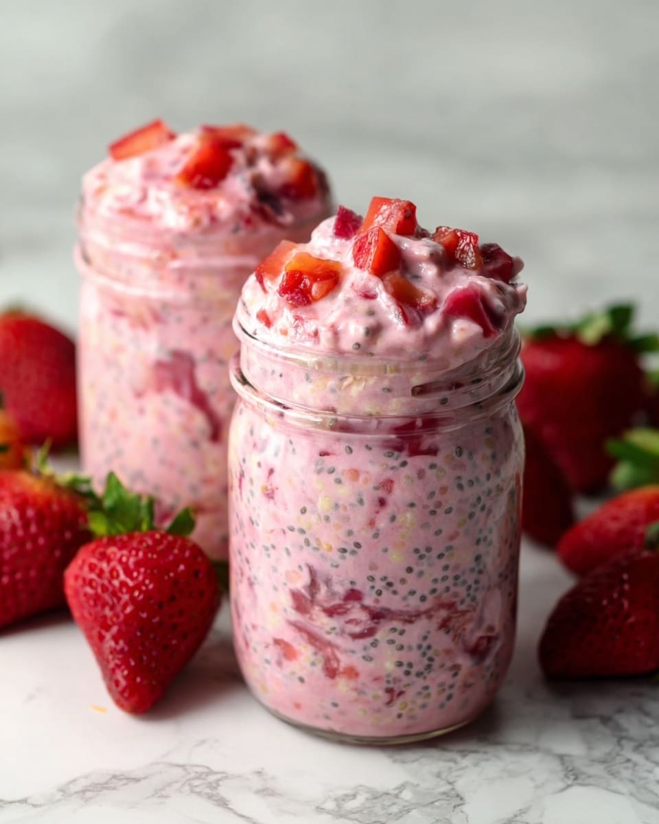 Two clear glass jars filled with a thick, creamy pink mixture that contains visible pieces of chopped strawberries and small chia seeds. The mixture is filled to the very top of each jar, showing a chunky texture with bits of red strawberry throughout. Around the jars, there are several whole fresh strawberries with green tops placed on a white marbled surface. The scene is softly lit, making the pink color of the mixture and the red of the strawberries stand out. photo taken with an iphone --ar 4:5 --v 7