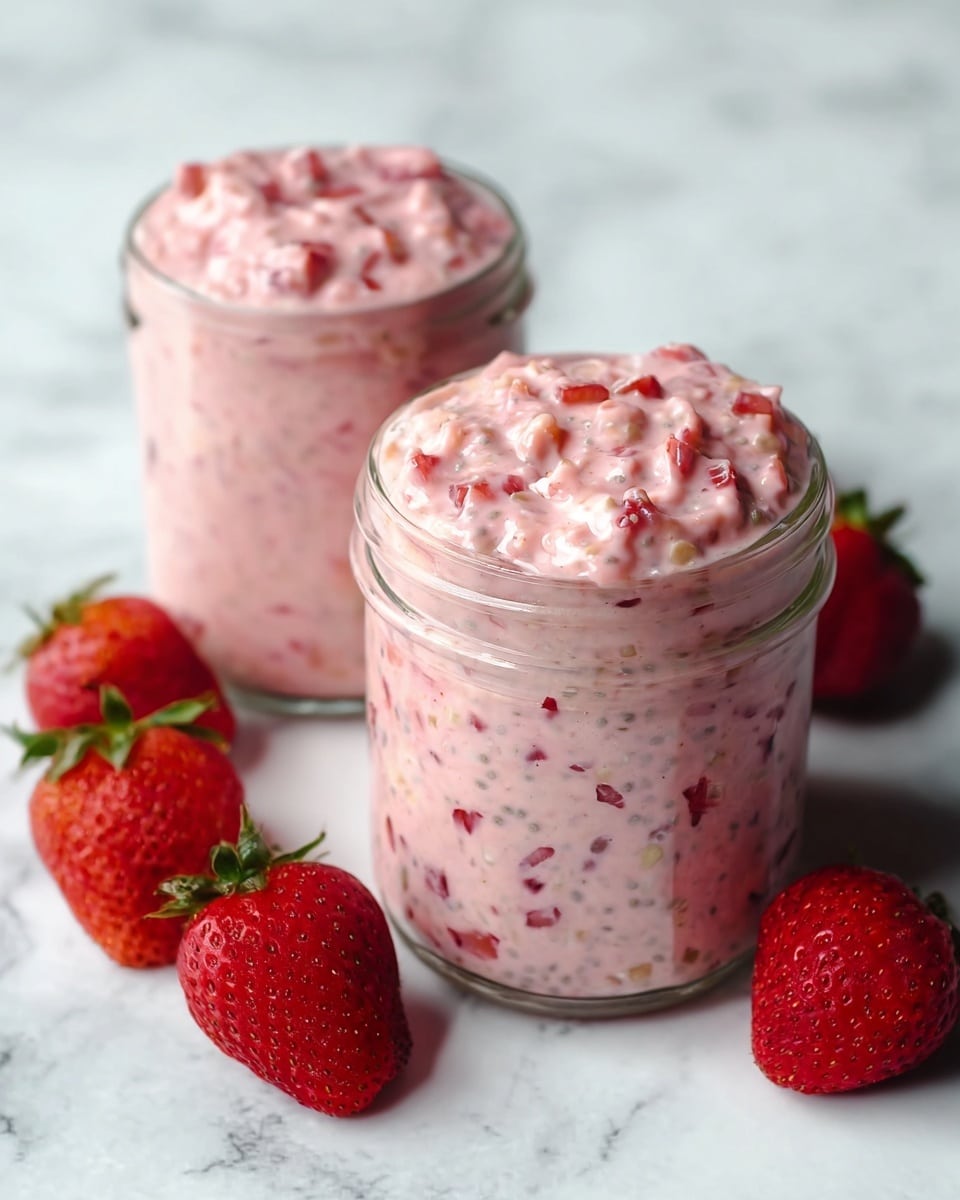 Two clear glass jars filled with a thick pink mixture featuring visible layers of creamy texture and small black chia seeds throughout. The mixture is dotted with chunks of bright red strawberries that add pops of color and texture. The jars are placed on a white marbled surface, surrounded by whole fresh strawberries. The mixture slightly overflows at the top of each jar, showing a chunky, creamy layer with strawberry pieces mixed in. Photo taken with an iphone --ar 4:5 --v 7