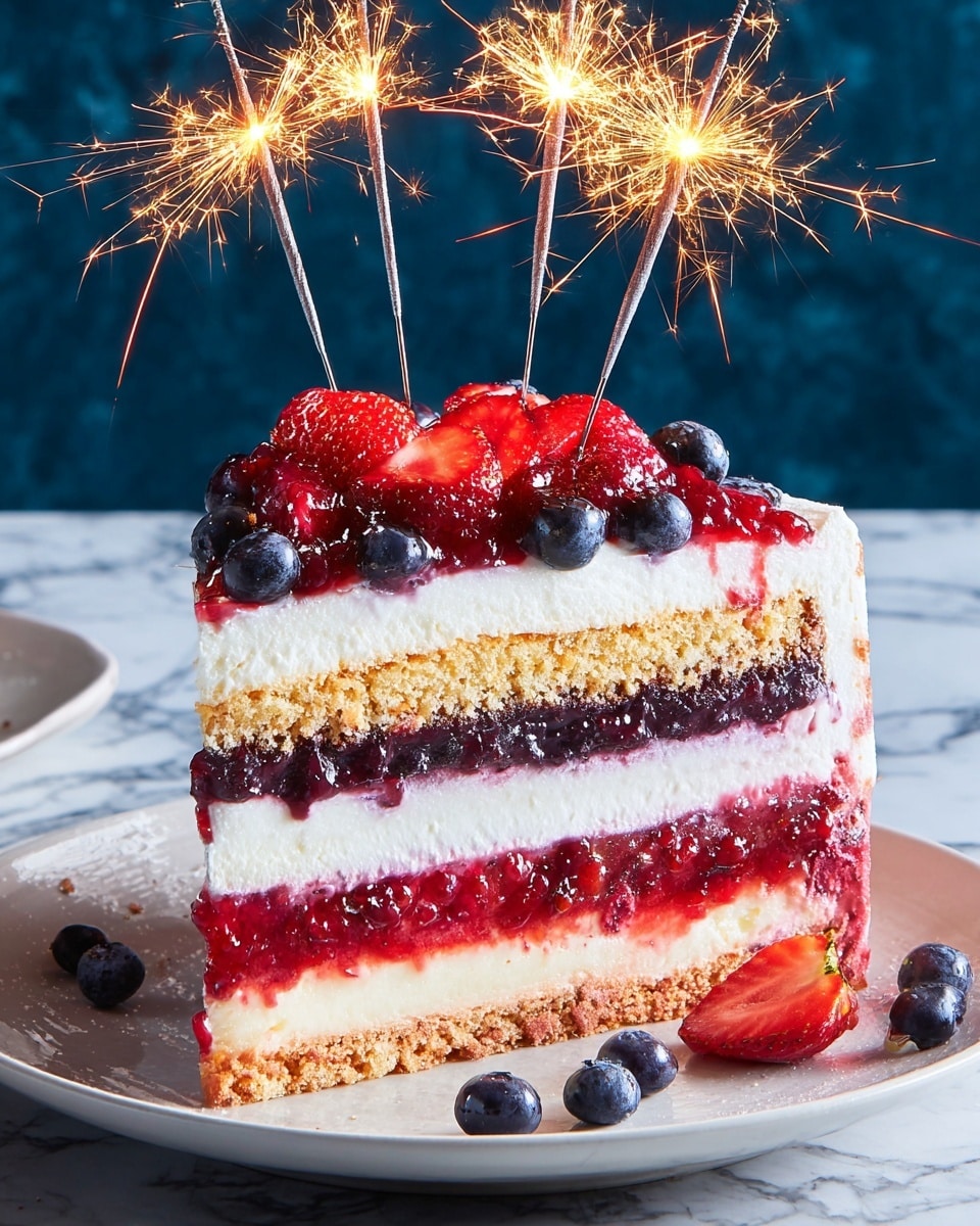 The image shows a slice of a layered cake on a white plate, placed on a white marbled surface. The cake has five visible layers: a thick golden brown crumb base, a dark purple berry jam layer, a creamy white layer above it, a bright red strawberry jam layer, and a smooth white cream top layer. On top of the cake, there are several fresh strawberries and blueberries as decoration. Three golden lit sparklers are placed on the cake, creating bright sparks. There are whole blueberries and strawberry pieces scattered around the plate on the surface. The background is a deep blue color. photo taken with an iphone --ar 4:5 --v 7