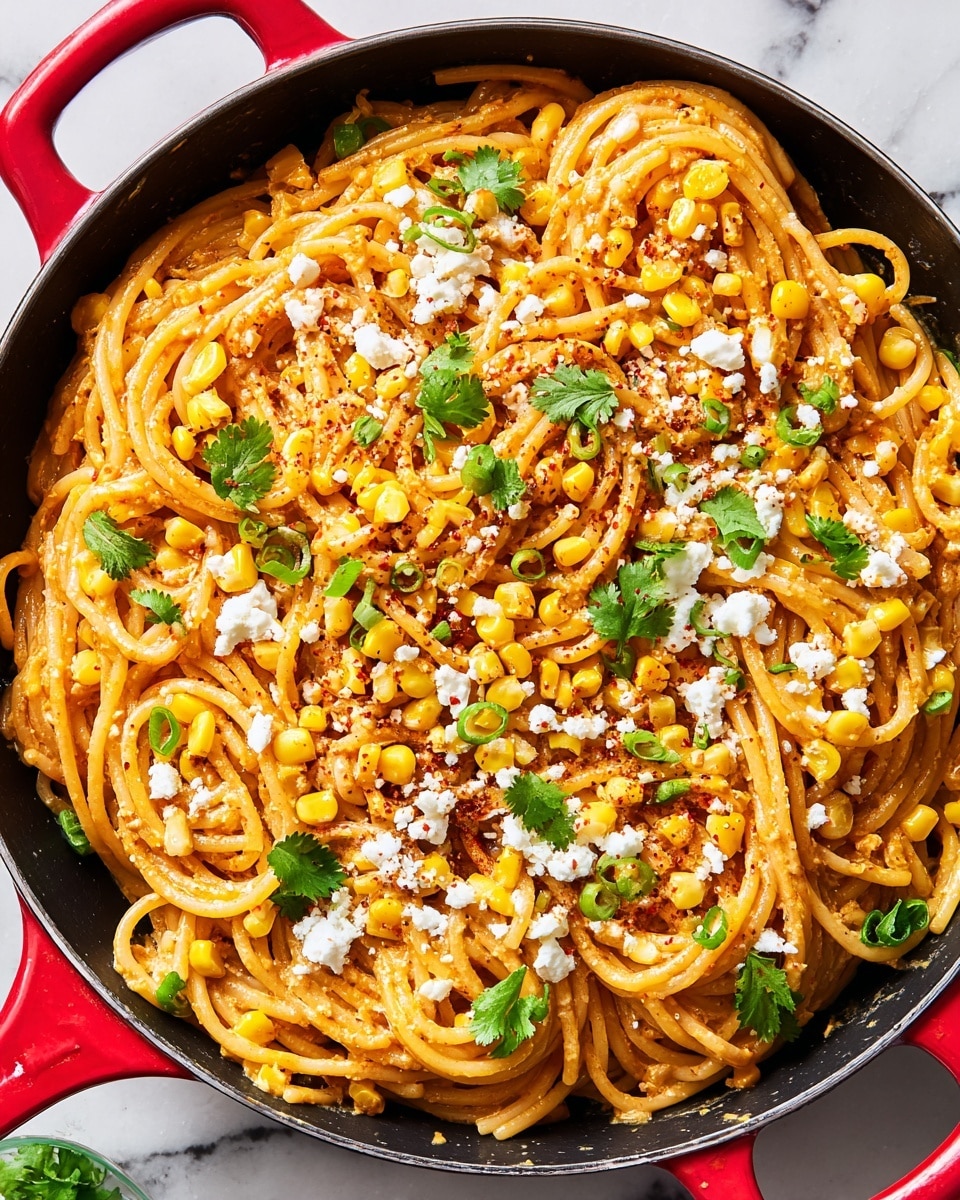 A close-up of a round black pan with red handles filled with spaghetti pasta mixed evenly with bright yellow corn kernels, coated in a light orange sauce with visible specks of red seasoning, topped with crumbled white cheese scattered throughout. There are small green onion slices and fresh green cilantro leaves spread on top irregularly. The pan sits on a white marbled surface. photo taken with an iphone --ar 4:5 --v 7