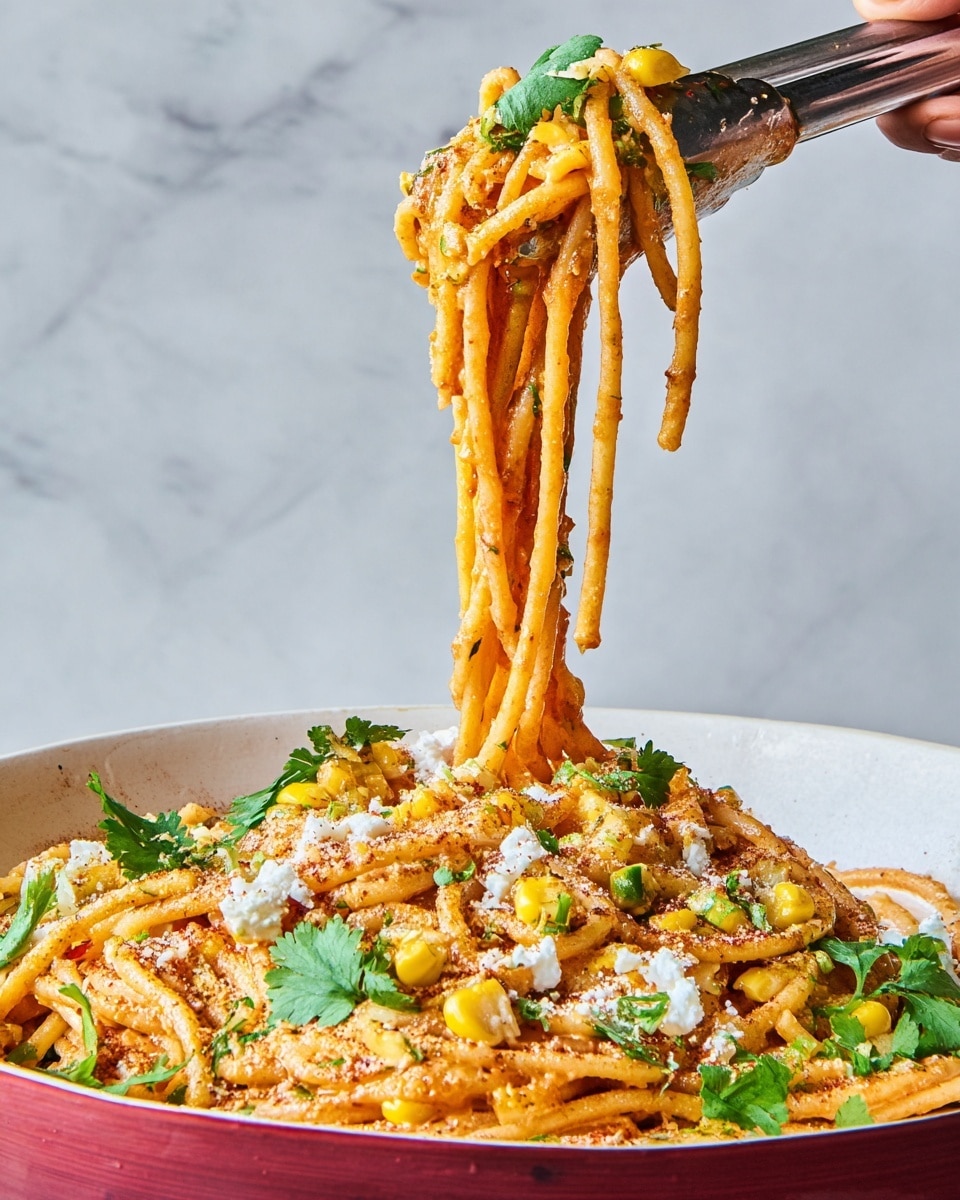 A close-up of long spaghetti noodles coated with an orange-red sauce being lifted by metal tongs held in a woman's hand, with the noodles stretching up in vertical strands. The pasta is mixed with bright yellow corn kernels and scattered fresh green cilantro leaves. White crumbled cheese and a sprinkle of reddish seasoning are spread over the noodles. The dish is in a large white bowl with a hint of red on its exterior, and the background shows a soft white marbled texture. Photo taken with an iphone --ar 4:5 --v 7