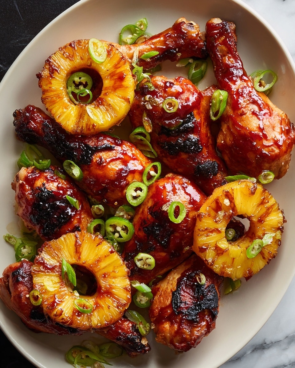 A white plate holds several grilled chicken drumettes, each coated in a shiny reddish glaze with slightly charred edges. On top of each piece of chicken sits a ring of golden-brown grilled pineapple, showing some caramelized spots. The dish is garnished with thin green slices of jalapeño and small pieces of green onion, adding a fresh contrast in color. The plate sits on a white marbled surface. photo taken with an iphone --ar 4:5 --v 7