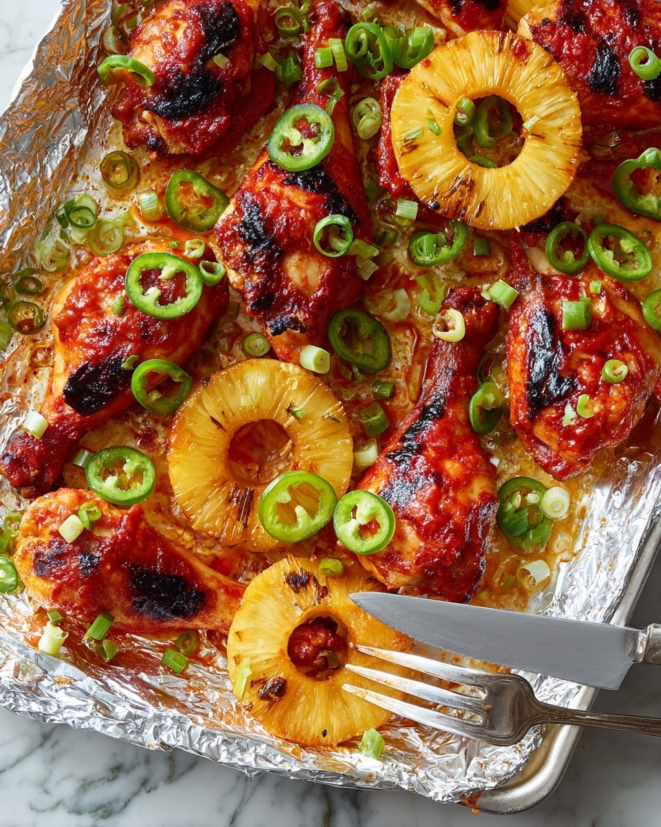 This image shows a white tray covered with aluminum foil, holding grilled chicken drumsticks topped with a layer of bright red sauce and golden grilled pineapple rings. Each chicken piece has a single pineapple ring sitting on top, showing some char marks. The dish is garnished with thinly sliced green jalapeño rounds and small chopped green onions scattered evenly over the chicken and pineapple. In the bottom right corner, a silver fork and knife are visible, with the fork holding a chicken drumstick partially lifted. The background under the tray is a white marbled surface. Photo taken with an iphone --ar 4:5 --v 7