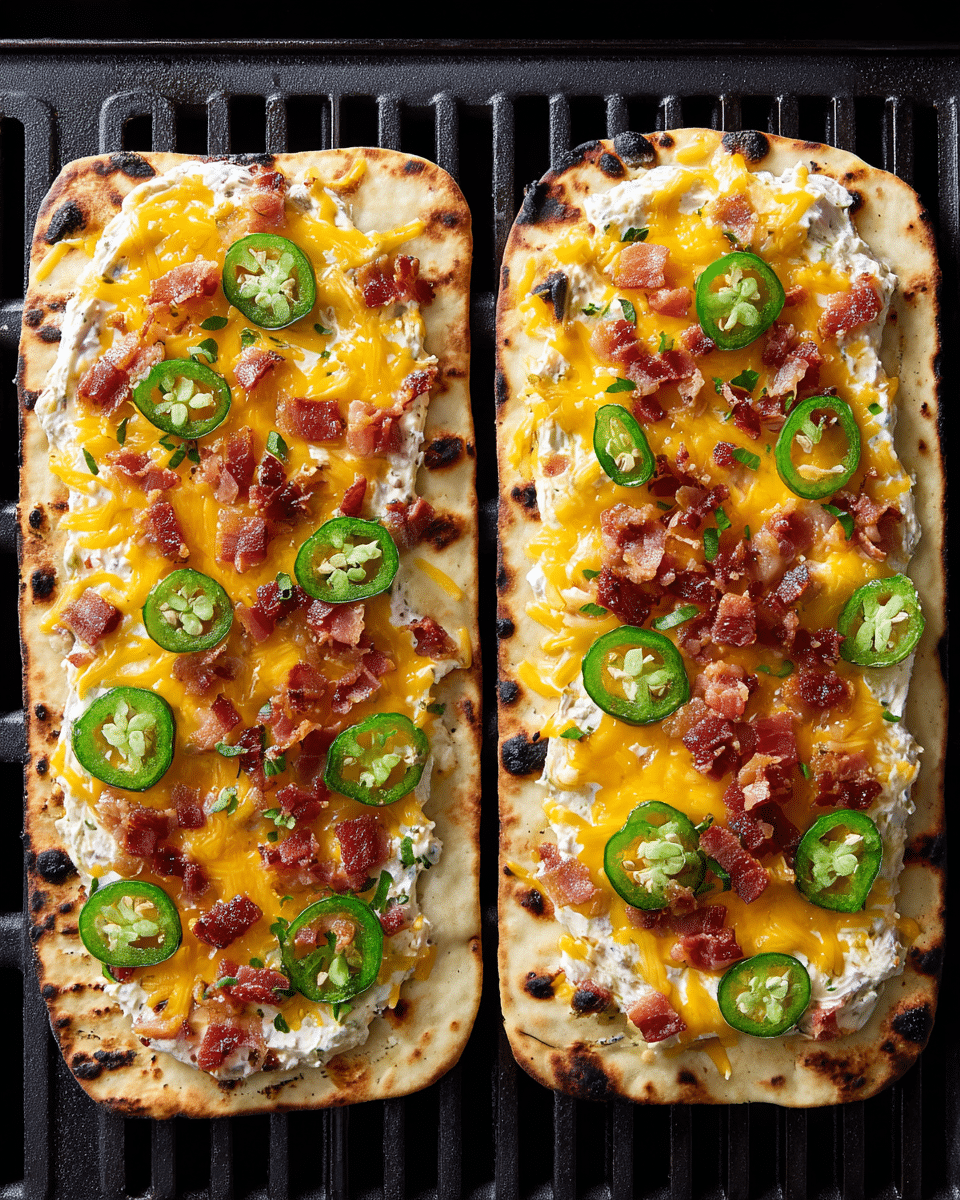 The image shows several square pieces of flatbread with three main layers: the base is a light tan flatbread with grill marks; the middle layer is a creamy white spread; the top layer is melted bright orange cheddar cheese, scattered with small, crispy reddish-brown bacon pieces and fresh green jalapeno slices. The flatbread pieces are arranged close together on a white marbled surface, with some bacon bits scattered around and a white bowl filled with extra bacon pieces on the side. Two whole jalapenos with charred spots are also on the surface near the flatbread. Photo taken with an iphone --ar 4:5 --v 7