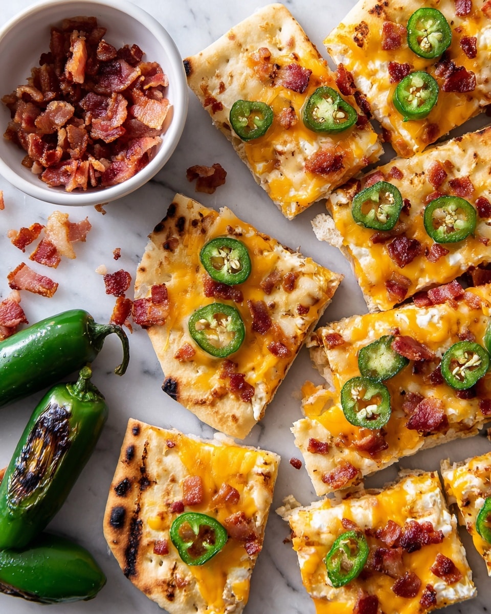 Two rectangular flatbreads sit side by side on a black grill. Each flatbread has a base layer of slightly toasted dough with some char marks. On top, there is a spread of creamy white cheese, followed by a layer of melted bright yellow cheddar cheese. Scattered over the cheese are small pieces of crispy reddish-brown bacon and round green slices of fresh jalapeño peppers. The colors and textures create a warm and spicy look against the grilled dough background. photo taken with an iphone --ar 4:5 --v 7