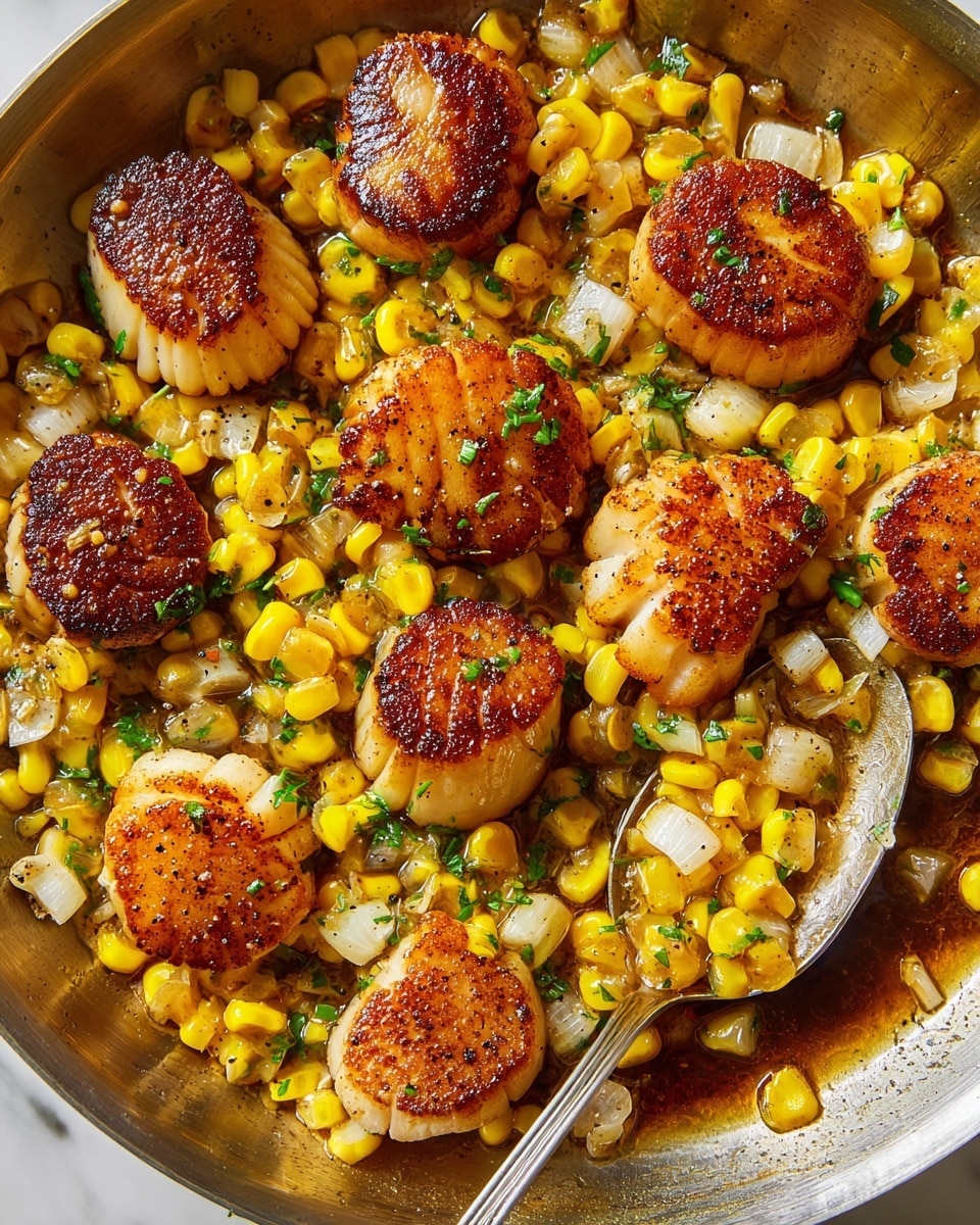 The image shows a pan filled with golden-brown seared scallops arranged evenly on a bed of bright yellow corn kernels. The scallops have a crisp, caramelized top layer with a slightly rough texture and a juicy, tender white underside. The corn kernels are mixed with finely chopped green herbs and small pieces of garlic, all coated in a shiny, dark sauce that pools gently in the pan. A silver spoon scoops up some of the corn and scallops on the right side, resting on the pan’s surface which has a brushed metal look. The overall colors are warm with a mix of golden, yellow, green, and hints of black pepper scattered throughout. The scene is set on a white marbled textured background. photo taken with an iphone --ar 4:5 --v 7