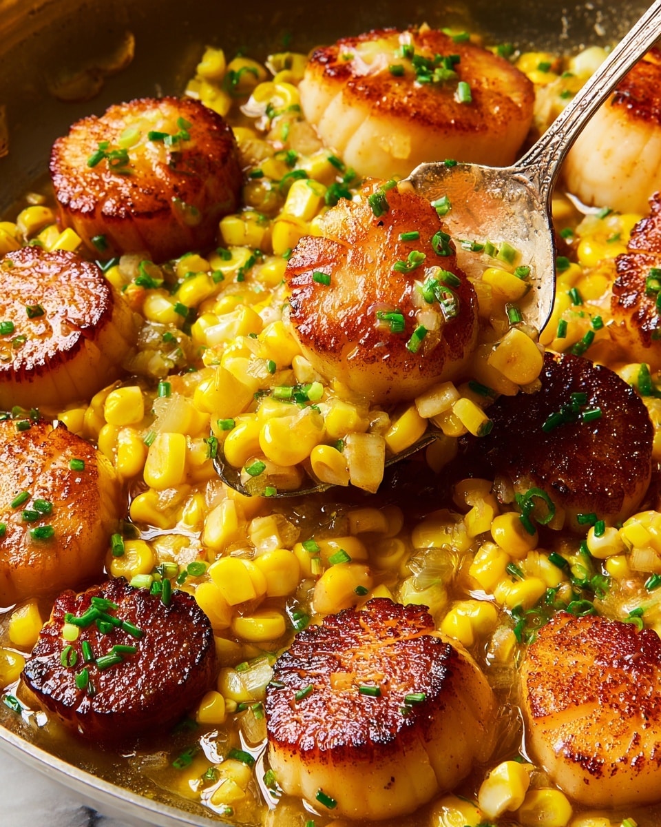 The image shows a close-up of several golden-brown seared scallops with a crispy top layer, arranged in a skillet. Surrounding and mixed with the scallops is a bright yellow layer of cooked corn kernels, glistening with buttery sauce. Small green chive pieces are scattered over both the scallops and corn, adding a fresh touch. A silver spoon lifts one scallop and some corn, with sauce dripping off, highlighting the glossy texture of the dish. The background is a white marbled texture. photo taken with an iphone --ar 4:5 --v 7