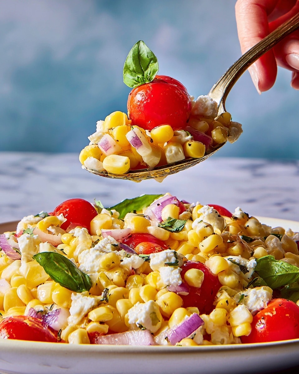 The image shows a close-up of a corn salad served on a white plate placed on a white marbled surface. The salad has three main layers: the bottom layer is made of fresh yellow corn kernels, the middle layer consists of scattered small chunks of white cheese and tiny pieces of purple onion, and the top layer features whole bright red cherry tomatoes and green basil leaves. A spoon lifting a portion of the salad reveals the same colorful mix, with the cherry tomato positioned on top, surrounded by corn, cheese, onion, and basil bits. The background is a soft, blurred blue-gray color, and there is a woman's hand holding the spoon. photo taken with an iphone --ar 4:5 --v 7