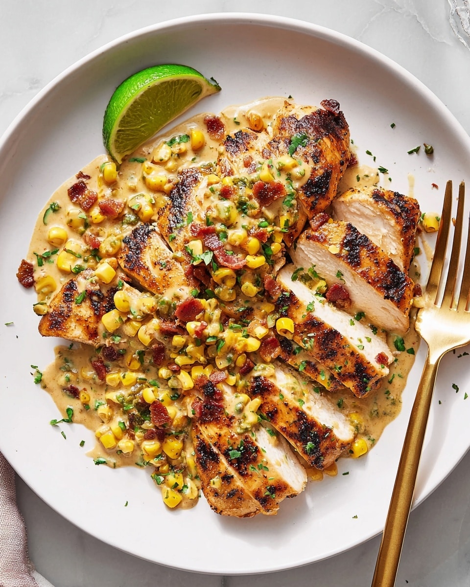 A white plate holds grilled chicken breast cut into five thick slices with golden brown char marks. The chicken is topped with a creamy sauce filled with yellow corn kernels, small bits of crispy bacon, and chopped green herbs scattered over the top and around the plate. A bright green lime wedge rests on the upper left side of the chicken, adding contrast. The plate is placed on a white marbled surface with a gold fork positioned to the right side. The overall look shows a warm, hearty meal with vibrant colors and textures. photo taken with an iphone --ar 4:5 --v 7