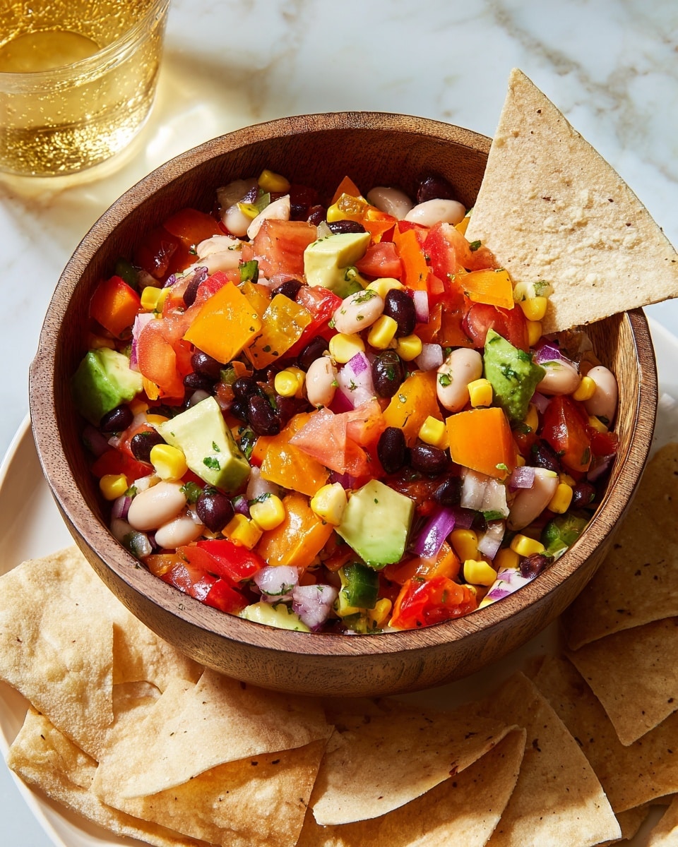 A wooden bowl filled with a colorful salad that has many layers of diced ingredients: red tomato pieces, orange bell pepper chunks, yellow corn kernels, black beans, white beans with brown spots, purple-red onion bits, and green avocado cubes. A single beige tortilla chip pokes out from the right side of the bowl. The bowl sits on a white plate covered with scattered crispy beige tortilla chips. The background is a white marbled surface with a glass of golden-yellow drink placed behind the bowl on the left side. photo taken with an iphone --ar 4:5 --v 7