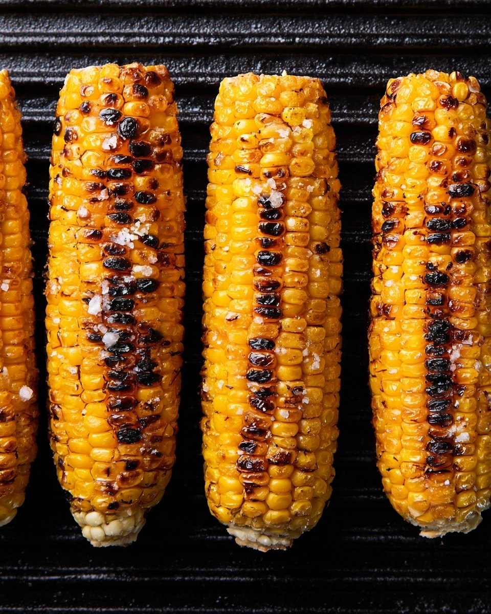 The image shows three grilled corn cobs with bright yellow kernels that are partly charred to a deep brown and black in spots, arranged side by side on a black grill surface with the grill lines visible underneath. The kernels look juicy and have some coarse salt sprinkled on them, adding texture and shine. Each corn cob has an uneven, rustic layer of grill marks, making the surface look slightly rough and crispy in parts. The scene shows the corn close up with clear details of the kernels and charred patches. photo taken with an iphone --ar 4:5 --v 7