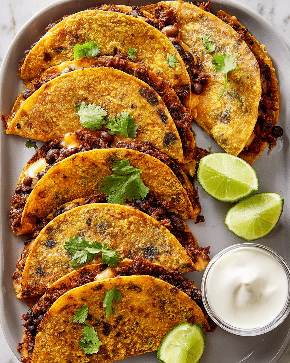 Six folded tacos are arranged side by side on a white plate, each taco filled with black beans and melted cheese that crisps around the edges. The tacos have a golden brown, slightly textured outer layer with small air pockets and are garnished with fresh green cilantro leaves on top. On the side of the plate, there are two lime wedges with a light green color and a small white bowl filled with smooth, creamy white sour cream. The scene is set on a white marbled surface. Photo taken with an iphone --ar 4:5 --v 7
