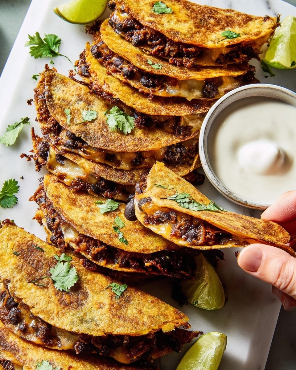 A stack of folded golden-brown tortillas filled with a dark, chunky black bean mixture are arranged on a white marbled surface. Each tortilla has a crisp, slightly oily texture with melted cheese peeking out from the edges, adding a stringy texture. Green cilantro leaves are scattered on top of the tortillas as garnish. A wedge of lime lies nearby, adding a fresh touch. A woman's hand is holding one folded tortilla, dipping it into a small white bowl filled with smooth, creamy white sauce. The whole setup has a warm, inviting look with a mix of crunchy and soft textures. photo taken with an iphone --ar 4:5 --v 7
