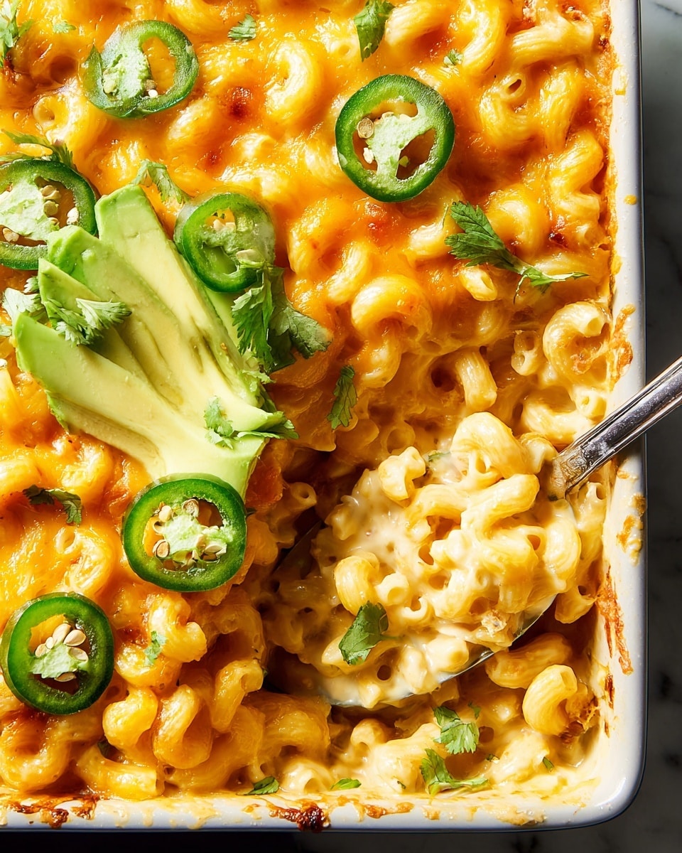 This image shows a close-up of a creamy baked macaroni dish in a white baking dish. The top layer is covered with golden-orange melted cheese mixed with small curved pasta pieces. On top, there are several slices of green avocado and green jalapeño rings scattered evenly, along with small, fresh green cilantro leaves sprinkled across the surface. A large silver spoon, covered in cheesy sauce, is scooping some of the macaroni from the corner, revealing creamy cheesy sauce underneath. The dish is set on a white marbled surface. photo taken with an iphone --ar 4:5 --v 7