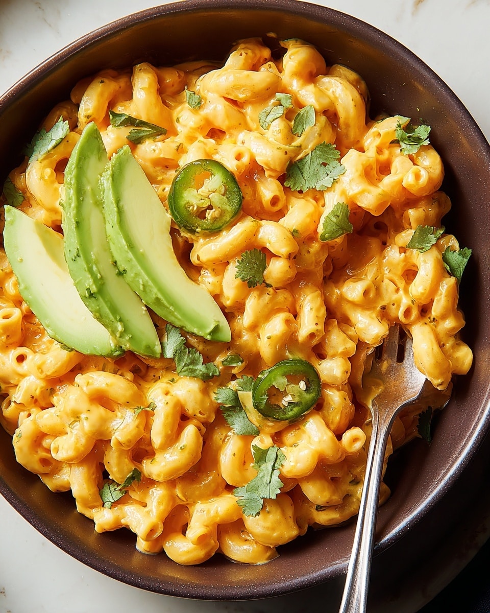 A dark brown bowl filled with creamy orange macaroni cheese mixed with visible slices of green jalapeño pepper and scattered green cilantro leaves, topped with two bright green avocado slices placed near the center; a silver fork rests inside the bowl on the right side, slightly sunk into the pasta. The bowl is set on a white marbled surface. photo taken with an iphone --ar 4:5 --v 7