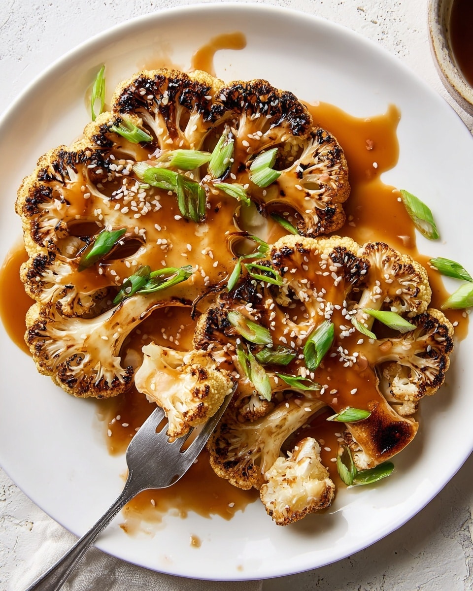 Two large, grilled cauliflower steaks with charred edges and a golden-brown surface sit side by side on a white plate. They are covered with a glossy, thick brown sauce that pools slightly around them. Green slices of scallion and scattered white sesame seeds are sprinkled over the cauliflower and plate. A silver fork resting on the plate holds a small bite of cauliflower. The plate is set on a white marbled textured surface. photo taken with an iphone --ar 4:5 --v 7