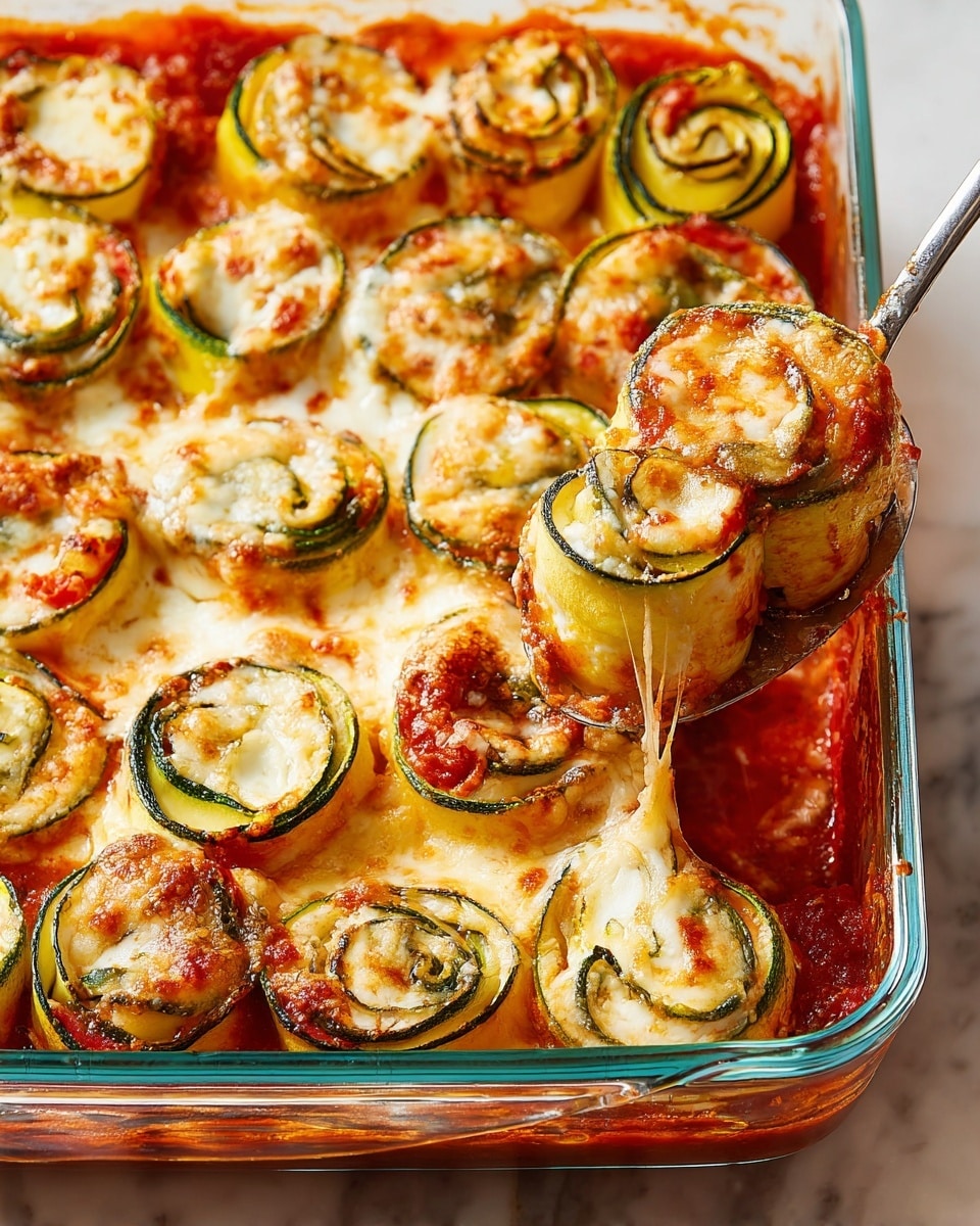 A close-up view of a clear glass baking dish filled with zucchini roll-ups layered in rich red tomato sauce, with each roll showing spiraled slices of zucchini wrapped around a creamy white ricotta cheese filling, topped with a golden, slightly browned melted cheese layer that has a bubbly texture, arranged tightly and covered evenly with sauce around them, a spoon lifting one of the rolls revealing gooey melted cheese stretching, all placed on a white marbled surface. photo taken with an iphone --ar 4:5 --v 7