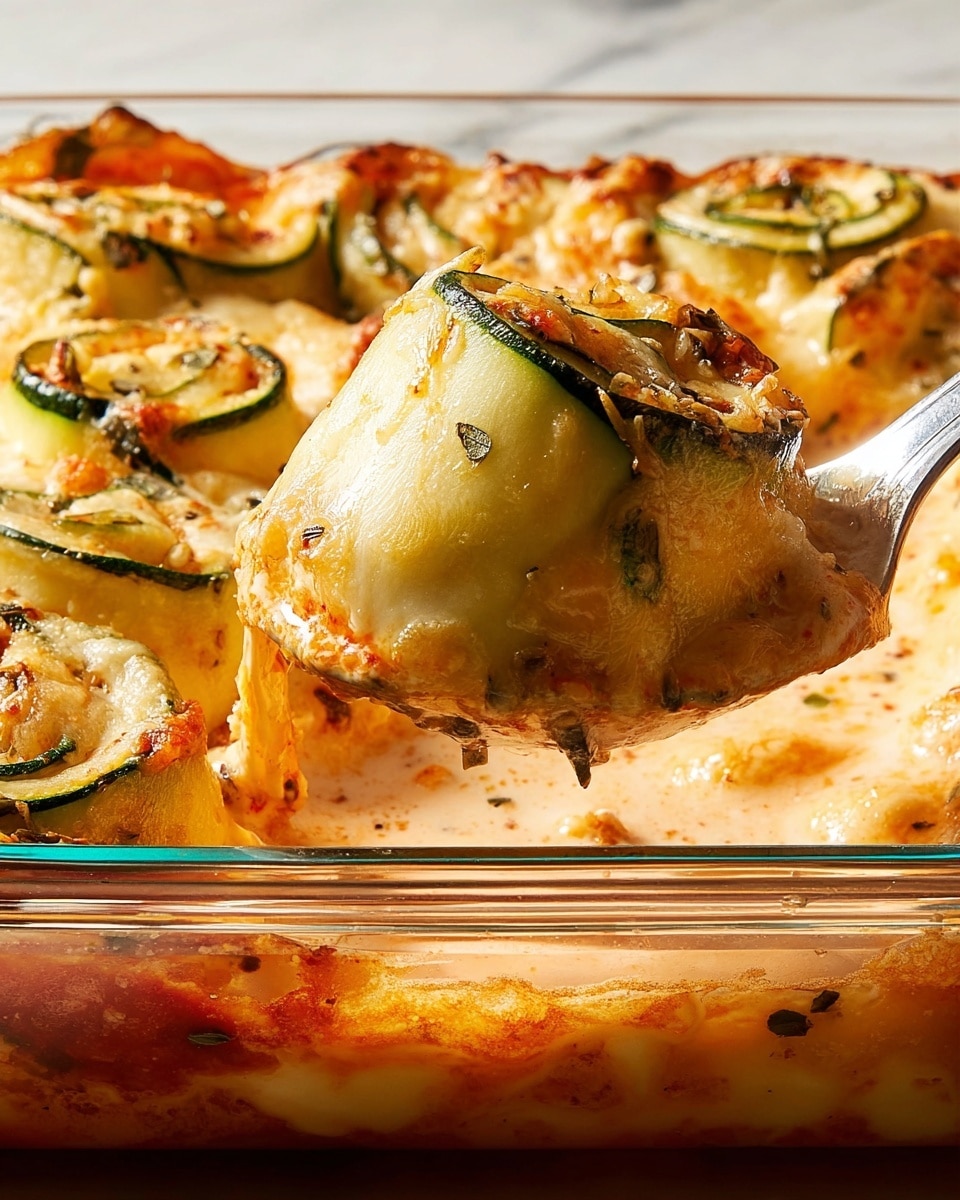 A close-up of a glass baking dish filled with a cheesy zucchini lasagna. The top layer shows browned, melted cheese with a slightly crispy texture and green zucchini slices rolled tightly with cheese inside. Beneath the zucchini rolls is a creamy layer of sauce with a mix of light orange and red colors, with herbs and small bits of seasoning scattered throughout. A metal spoon lifts one zucchini roll, showing the gooey, stretchy cheese inside and the soft texture of the zucchini. The dish sits on a white marbled surface. photo taken with an iphone --ar 4:5 --v 7