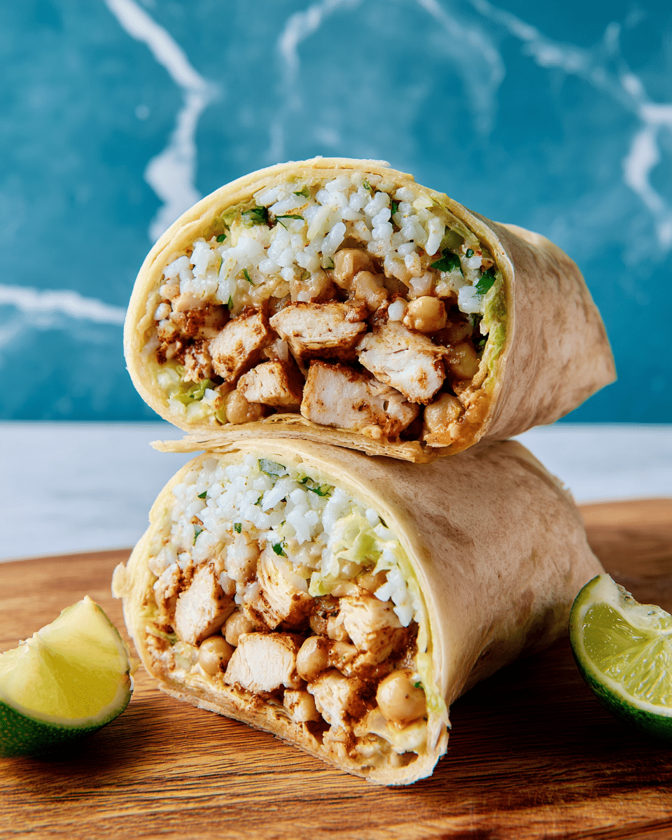 A cut burrito is stacked, showing two halves filled with several layers. The outer layer is a soft, light tan tortilla wrapping tightly around the fillings. The first inner layer is white rice mixed with green herbs, looking slightly moist and fluffy. Inside that, there are small beige beans, soft-looking grilled chicken pieces with a brownish spice coating, and some creamy sauce visible near the bottom surrounded by bits of green lettuce. The burrito halves are placed on a wooden surface with a wedge of lime beside them, and the background is a smooth white marbled texture with a blue wall behind. Photo taken with an iphone --ar 4:5 --v 7