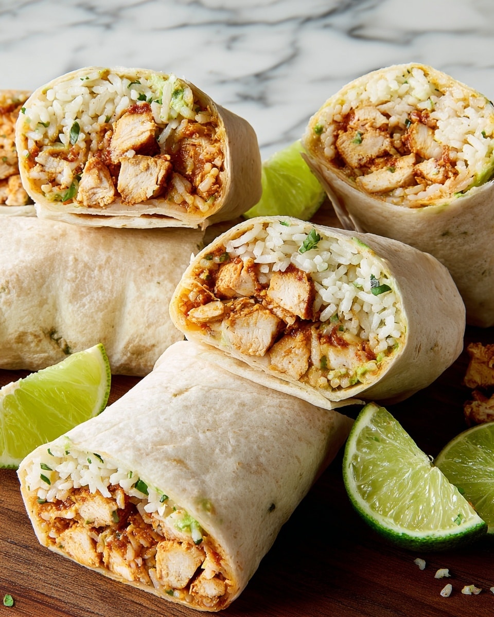 The image shows several burrito pieces cut in half on a white marbled surface. Each burrito has three visible layers: the outer layer is a light beige tortilla wrapping the filling; the middle layer consists of white rice mixed with small bits of green herbs, adding texture and color; the innermost layer includes grilled chicken pieces that are golden brown with a slightly charred texture, alongside some reddish-brown sauce or seasoning. Around the burritos, there are bright green lime wedges, adding a fresh contrast to the warm colors of the burrito. Photo taken with an iphone --ar 4:5 --v 7