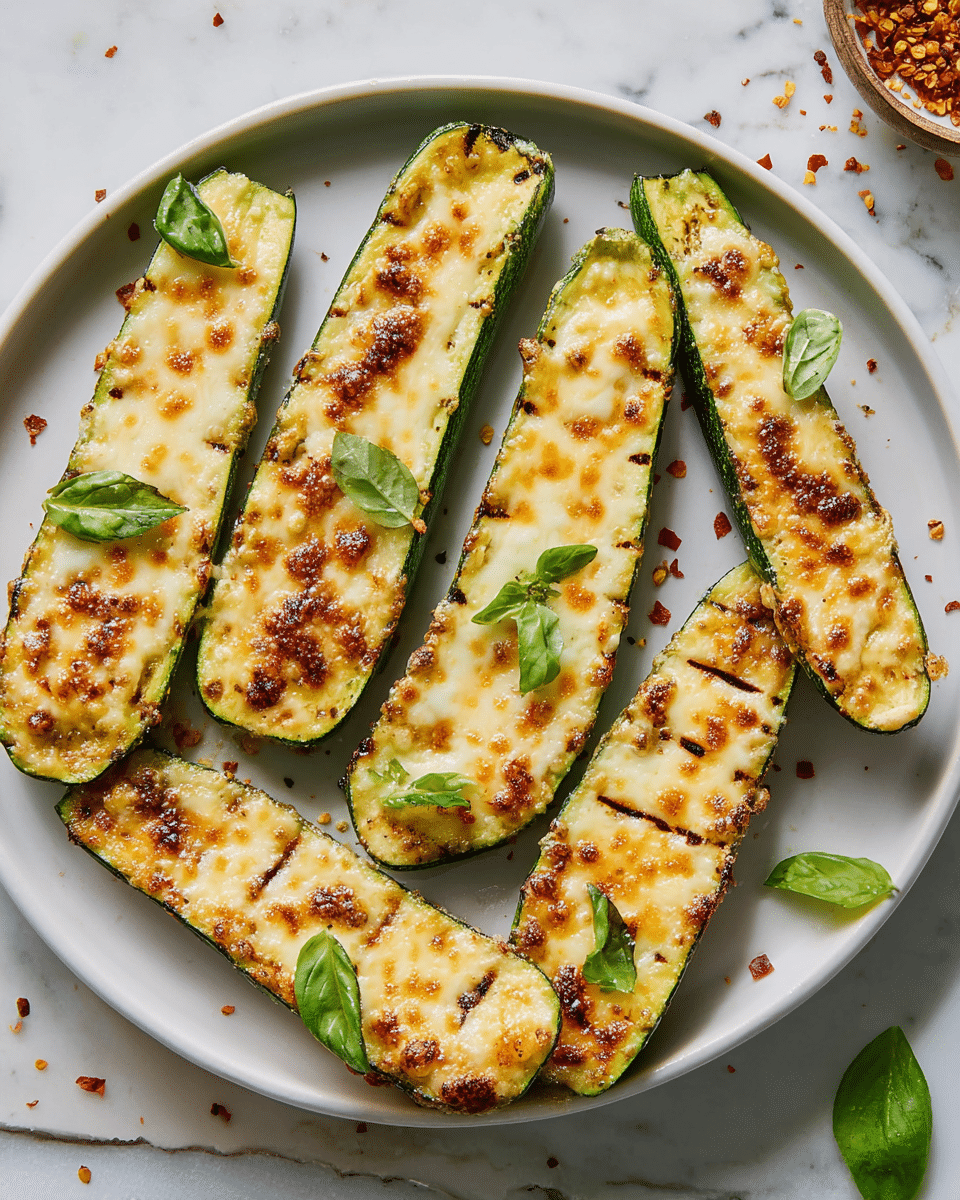 A white plate holds six zucchini halves grilled and topped with melted cheese, varying from golden brown to creamy white in color, with a slightly crispy texture. Each zucchini half has a green outer skin with a fresh, shiny look, and a yellowish inner flesh marked with shallow cross cuts under the cheese layer. Small green basil leaves are scattered on top, adding a fresh pop of color. The plate rests on a white marbled surface with some scattered red chili flakes around. Photo taken with an iphone --ar 4:5 --v 7