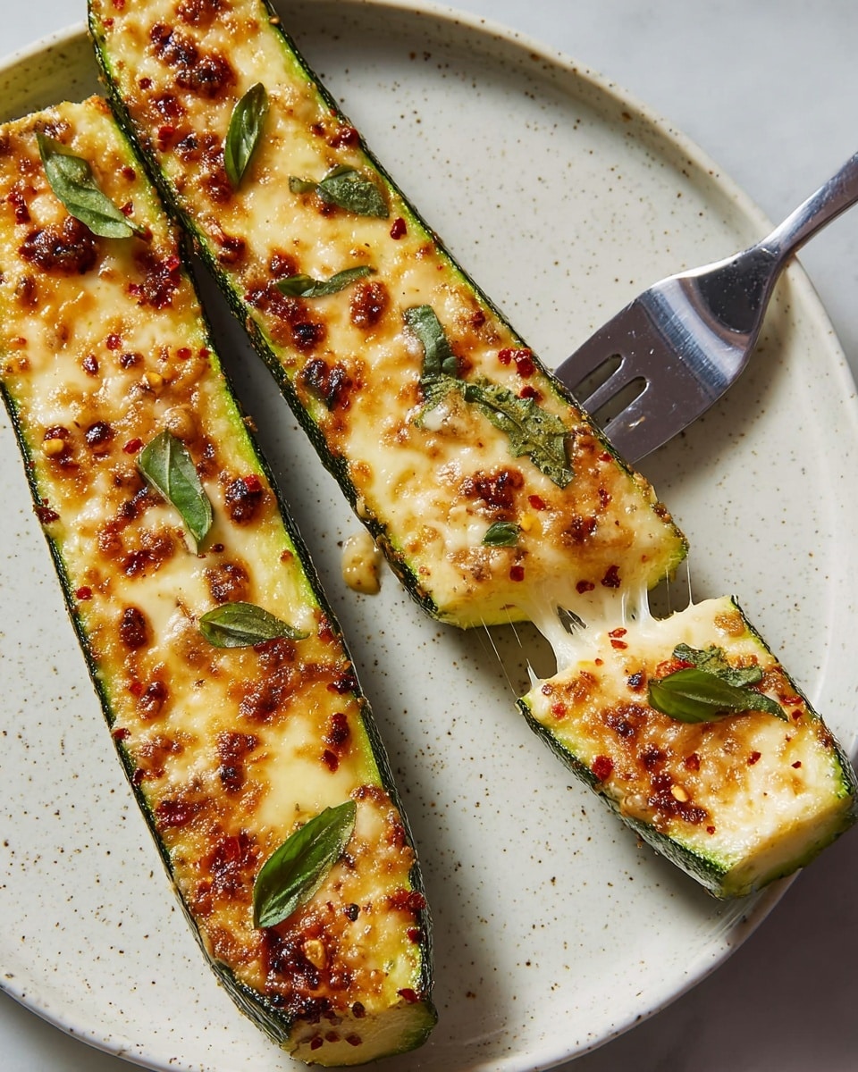 Two long zucchini halves sit on a white plate with a light speckled pattern, placed on a white marbled surface. Each zucchini piece is filled with a golden layer of melted cheese browned slightly on top with small bits of cooked garlic and red pepper flakes visible. Bright green basil leaves are scattered over the cheesy top for color. One zucchini half has a fork lifting a small triangular piece from the end, showing gooey cheese stretching slightly. The skin of the zucchini is dark green and contrasts with the creamy cheese filling. photo taken with an iphone --ar 4:5 --v 7