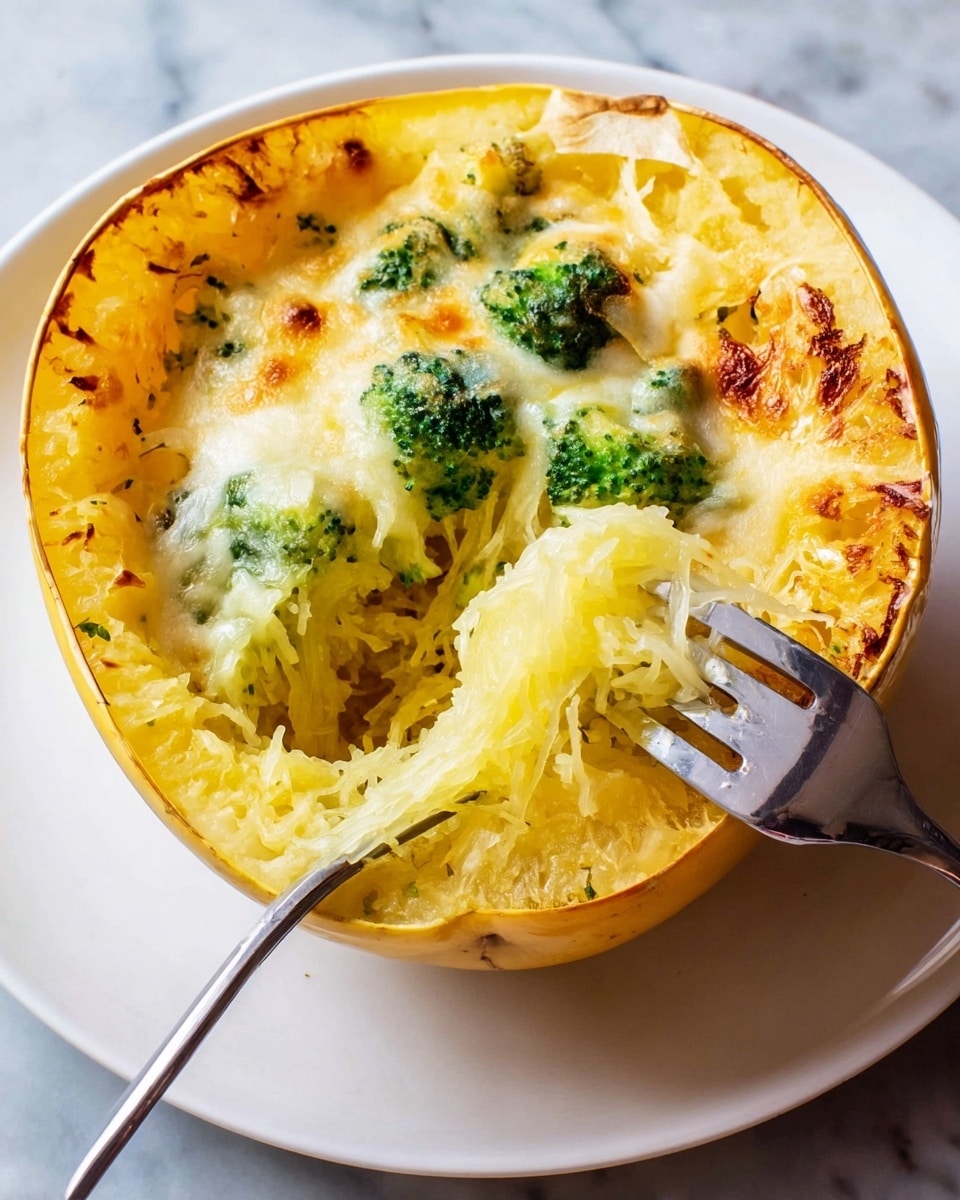 A cooked spaghetti squash half placed on a white plate, showing its inside layers with stringy, pale yellow flesh and some browned edges. The top layer has melted cheese with a creamy texture and golden brown spots, mixed with small green broccoli florets in the center. A silver fork is digging into the squash, pulling strands of the soft flesh and cheese from the bottom. The plate is set on a white marbled surface. photo taken with an iphone --ar 4:5 --v 7