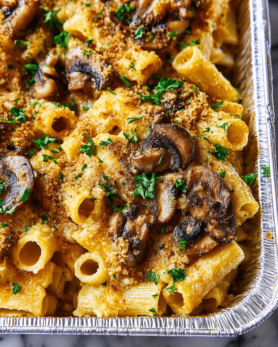 A close-up view of baked pasta in a white foil container shows rigatoni tubes in a rich golden cheese sauce topped with browned, tender mushroom slices and a crispy golden breadcrumb layer, sprinkled with fresh green parsley leaves. The mushrooms have a caramelized texture and mix evenly with the cheese-coated pasta, creating a dense but soft surface with meaty, slightly shiny mushrooms embedded throughout. The foil container edges create fine silver lines framing the creamy, textured pasta dish, all set on a white marbled surface. Photo taken with an iphone --ar 4:5 --v 7