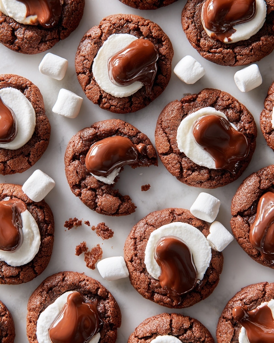The image shows many chocolate cookies spread out on a white marbled surface. Each cookie has a slightly rough, cracked texture and is topped with a thick, white marshmallow layer in the center. On top of the marshmallow, there is a smooth, shiny dollop of melted chocolate that varies in shape and size on each cookie. Some cookies are bitten, showing gooey melted chocolate inside, and small crumbs are scattered around. A few small white marshmallows are also lying between the cookies. The overall look is rich and gooey with a mix of dark brown, white, and glossy chocolate colors. photo taken with an iphone --ar 4:5 --v 7