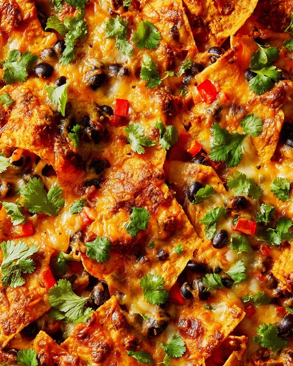 The dish shows a close-up of nachos layered with melted cheese, black beans, and small pieces of red bell pepper. The nachos are golden orange, covered in gooey, browned cheese, and scattered with dark black beans. Fresh green cilantro leaves are spread unevenly on top, adding a bright contrast. The texture is a mix of crispy tortilla chips and soft, melted cheese topping. The vibrant colors and mix of textures make the dish look rich and inviting. The background is a white marbled texture photo taken with an iphone --ar 4:5 --v 7