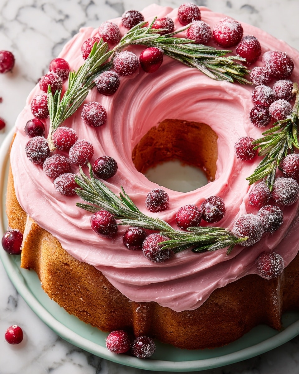 A round bundt cake with a light brown base is topped with smooth pink frosting that swirls around the cake surface in thick layers. The cake is decorated with red cranberries, some covered in a glittery sugar coating, placed evenly on top and around the sides. Sprigs of green rosemary, also dusted with sugar, are tucked among the cranberries, adding texture and color contrast. The cake sits on a white plate with a white marbled surface background. Photo taken with an iphone --ar 4:5 --v 7