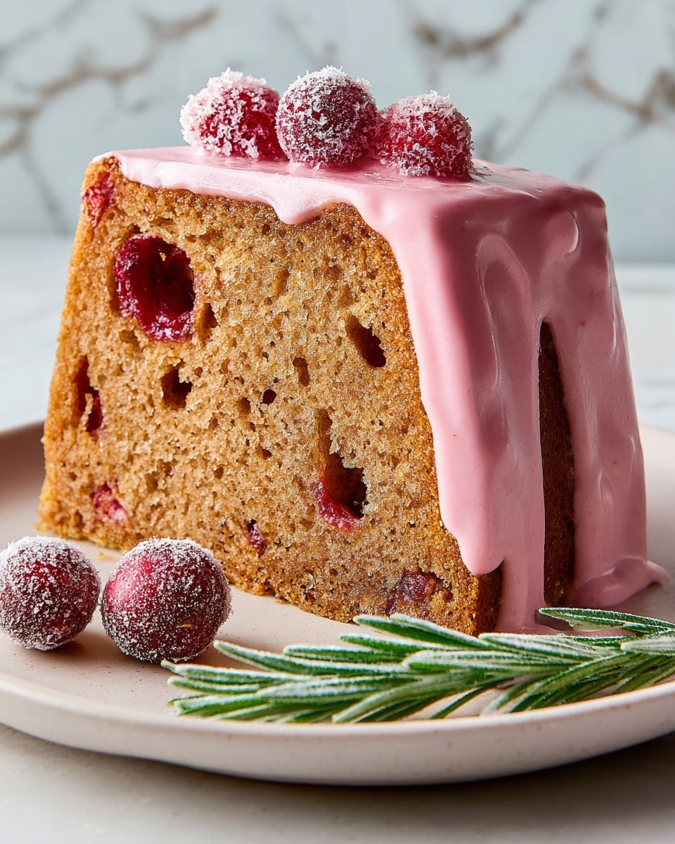A single slice of brown cake with visible red cranberries inside, topped with a thick layer of smooth, pink icing that drips slightly down the sides, sits on a white plate. The cake texture looks soft and moist with a few air holes, and two sugared cranberries rest beside it on the plate, along with a frosted green rosemary sprig at the front. The background surface is a white marbled texture, giving a clean and bright look. Photo taken with an iphone --ar 4:5 --v 7