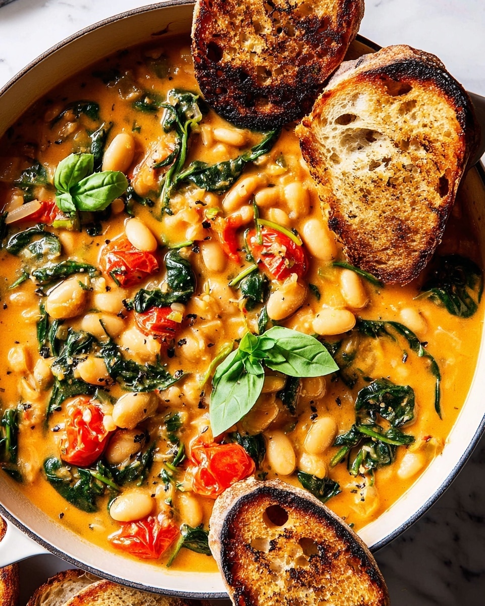 A close-up of a white pot filled with creamy orange soup containing white beans, bright green leafy spinach, and red cherry tomato pieces scattered throughout, topped with fresh green basil leaves; on the right side, a piece of golden-brown grilled bread is resting on the soup's edge, and around the pot, more slices of thick, toasted bread with a rich golden crust and a slightly rough texture are arranged over a white marbled surface. photo taken with an iphone --ar 4:5 --v 7
