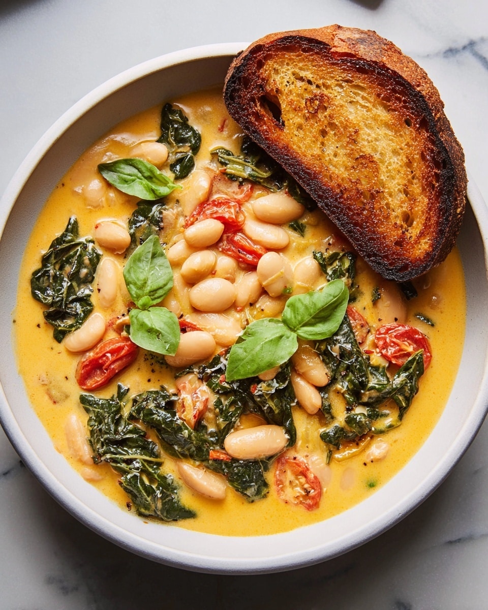 A bowl filled with a creamy yellow-orange soup that serves as the base layer, thick and smooth in texture. Floating atop the soup are large white beans, creating the second layer, mixed with wilted dark green leafy vegetables and bright red cherry tomato pieces scattered around. Fresh green basil leaves are placed on top as the final layer, adding a fresh touch. On the bowl’s edge, there is a single slice of toasted bread with a golden brown crust and a slightly shiny surface showing a light coating of oil or butter. The bowl itself is white with a simple design and rests on a white marbled textured surface. Photo taken with an iphone --ar 4:5 --v 7