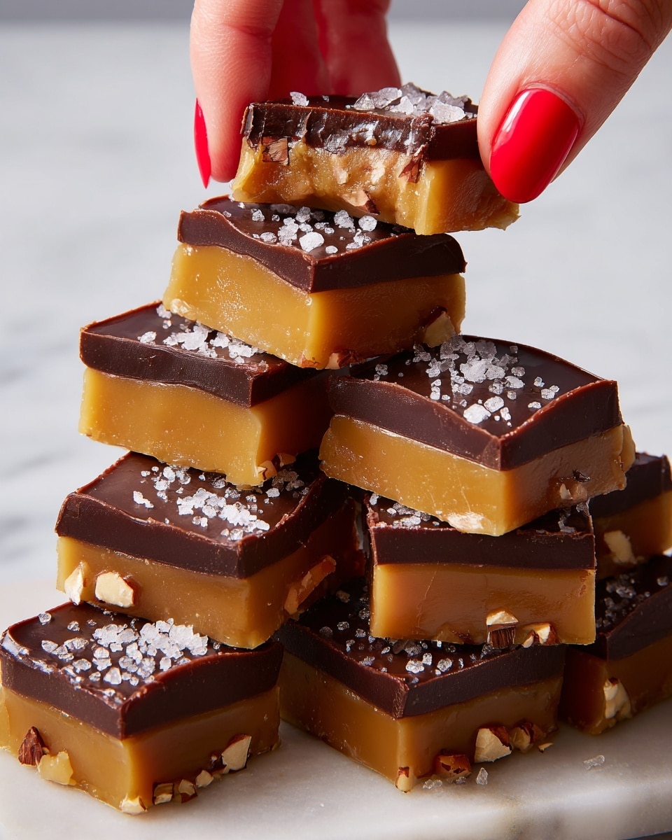 A stack of square caramel chocolates with two distinct layers: a thick, smooth golden caramel base topped with a dark, glossy chocolate layer sprinkled with coarse sea salt crystals. Some pieces have chopped nuts visible on the side under the chocolate layer. A woman's hand with bright red nail polish is lifting a piece from the top right of the stack. The chocolates sit on a white marbled surface. photo taken with an iphone --ar 4:5 --v 7
