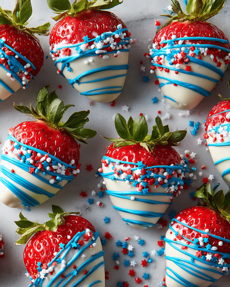 The image shows several strawberries that are dipped halfway in smooth white chocolate, creating the first layer of glossy white coating, while the top half stays bright red with green leafy tops. On top of the white chocolate layer, thin blue chocolate lines are drizzled diagonally around each strawberry for the second layer, followed by the third layer of small, colorful sprinkles in red, white, and blue scattered over the blue drizzle. The strawberries are arranged scattered on a flat surface with a white marbled texture, with some sprinkles also lying loose around them, capturing a festive and fresh look. photo taken with an iphone --ar 4:5 --v 7