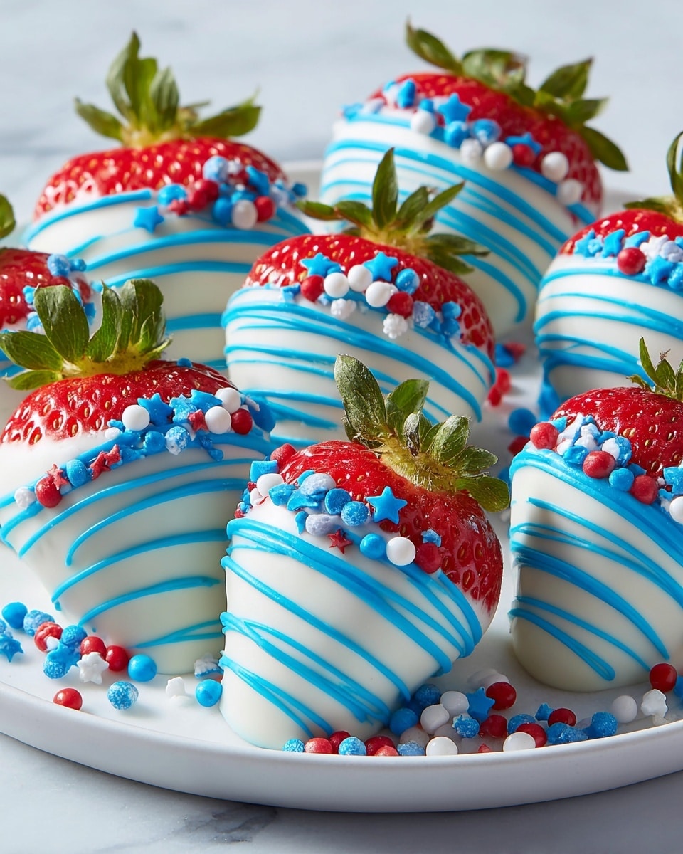 The image shows strawberries coated halfway in a smooth, shiny white chocolate layer, leaving the red tops with green leaves visible. Bright blue icing is drizzled in thin, uneven lines over the white chocolate. Small red, white, and blue round sprinkles along with star-shaped sprinkles decorate the blue icing. The strawberries are placed close together on a white plate set on a white marbled surface. Photo taken with an iphone --ar 4:5 --v 7