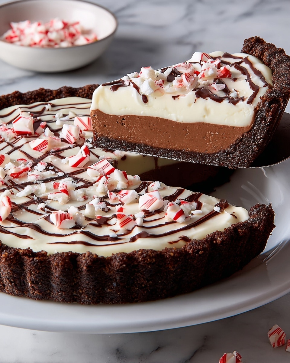 A chocolate pie with three clear layers sits on a white plate placed on a white marbled surface. The bottom layer is a thick, dark brown chocolate crust with a crumbly texture and high edges. Above the crust is a dense medium brown chocolate filling. The top layer is a smooth white cream spread evenly, decorated with thin dark chocolate drizzle in swirling lines and chopped red and white peppermint candy pieces scattered across. A slice is being lifted, showing the distinct layers clearly. Photo taken with an iphone --ar 4:5 --v 7