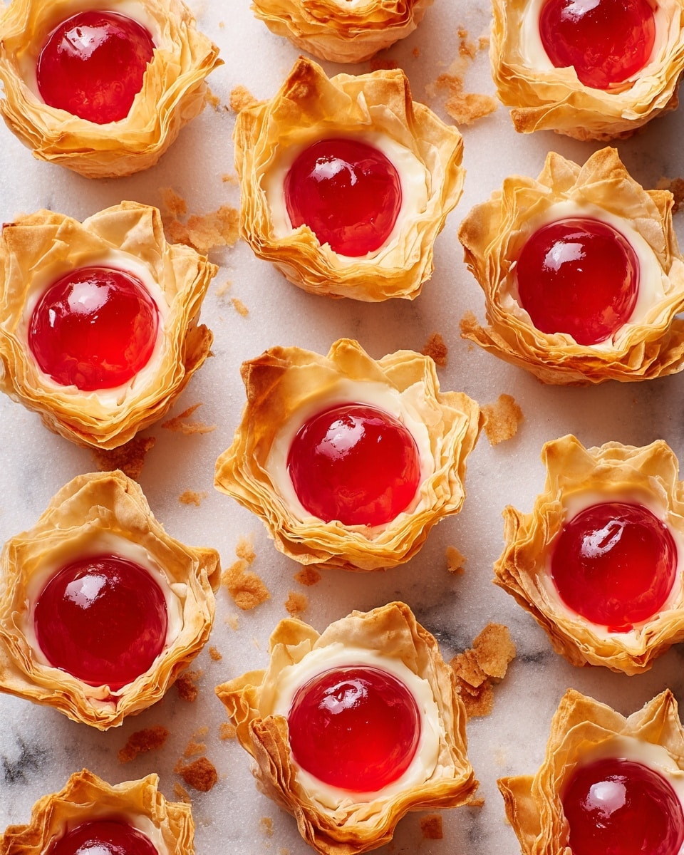 The image shows multiple small dessert cups arranged in a neat grid on a white marbled surface. Each dessert has three visible layers: the bottom layer is made of light golden, crispy, flaky phyllo dough shaped like petals forming a cup; the middle layer is a smooth, creamy white filling sitting inside the phyllo cup; the top layer is a glossy, bright red cherry jelly dome centered on the creamy layer, with a shiny surface reflecting light. Some small crumbs of the phyllo dough are scattered around the cups. photo taken with an iphone --ar 4:5 --v 7