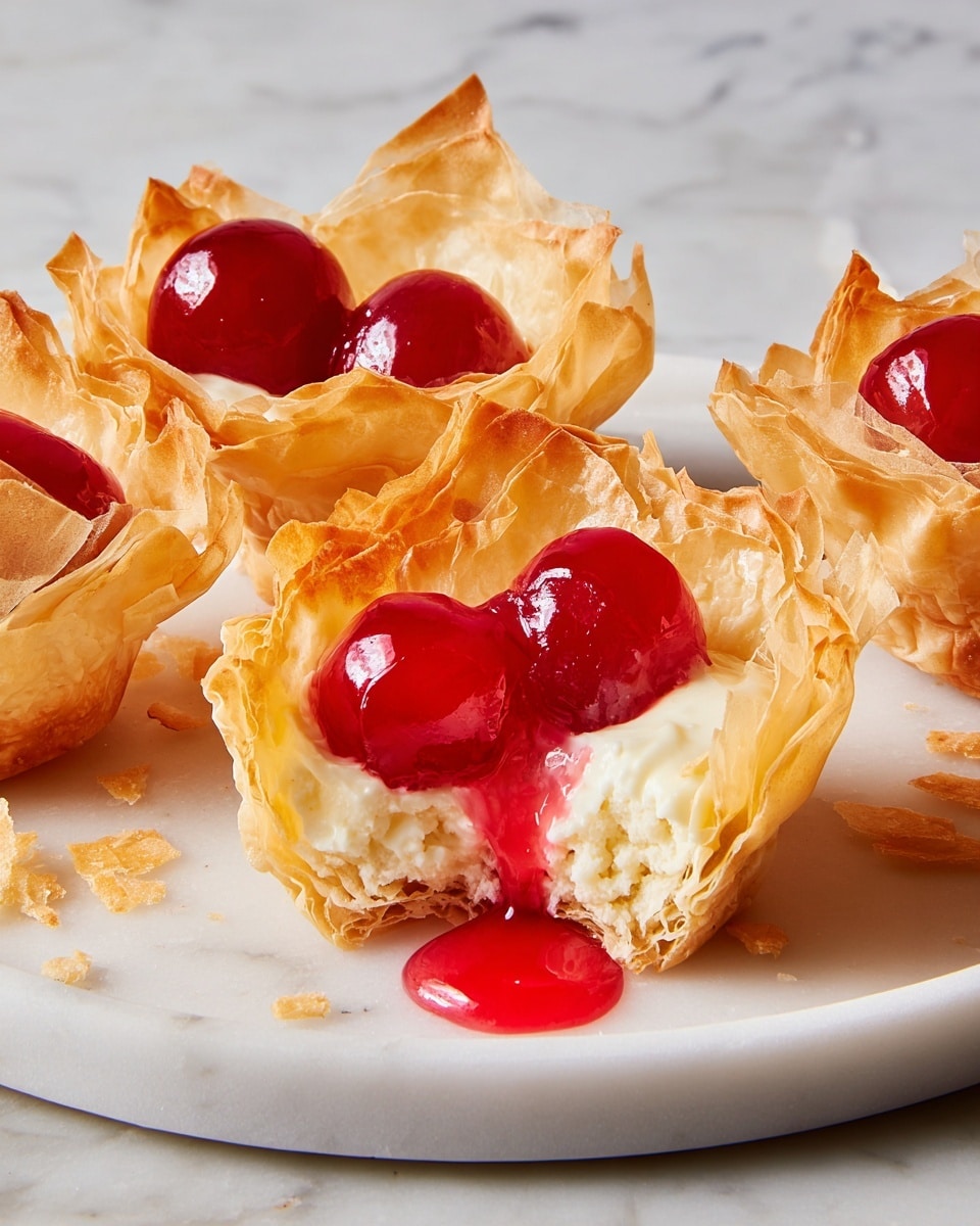 The image shows small dessert cups with three layers. The outer layer is crispy, light golden brown pastry sheets, shaped like open cups with delicate, crinkled edges. Inside, there is a soft, crumbly cream cheese filling that looks pale and smooth. On top of each cup, there is a shiny, bright red cherry with a glossy syrup dripping down over the cream cheese and pastry. One dessert cup in the front has a bite taken out of it, revealing the crumbly cream cheese inside and a drop of red syrup falling onto the white plate. The plate is placed on a white marbled surface with some pastry flakes scattered around. Photo taken with an iphone --ar 4:5 --v 7